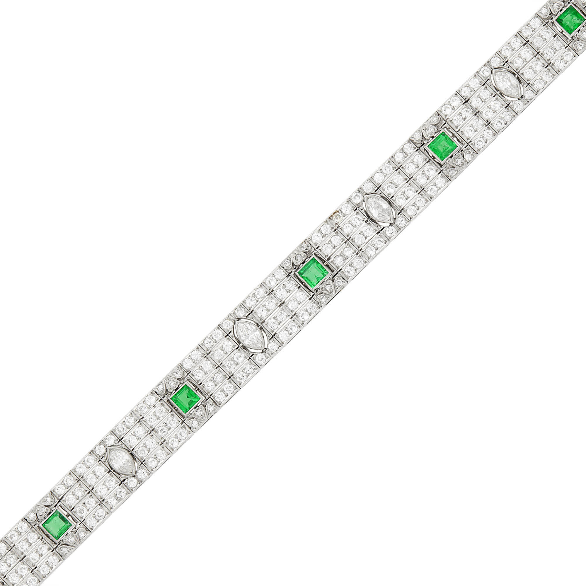 Lot image - Platinum, Diamond and Emerald Bracelet