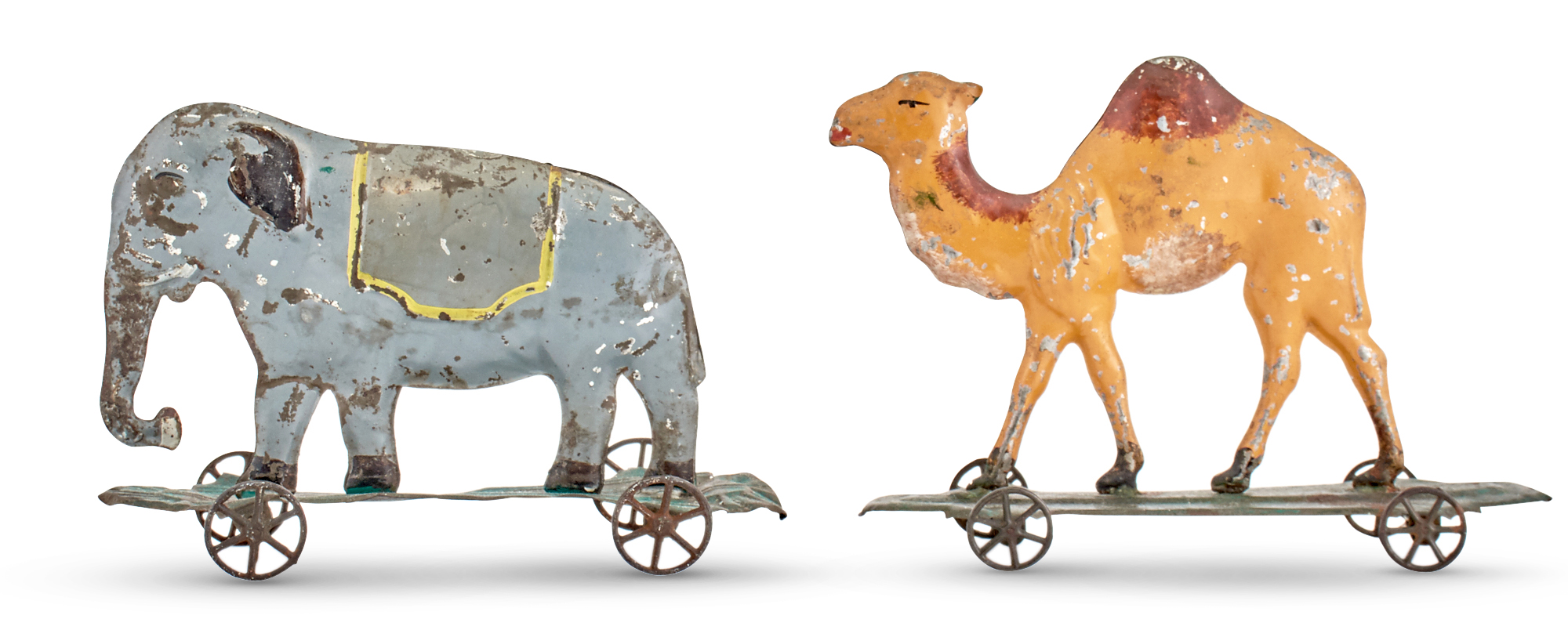 Lot image - Two Painted Tin Animal Platform Toys