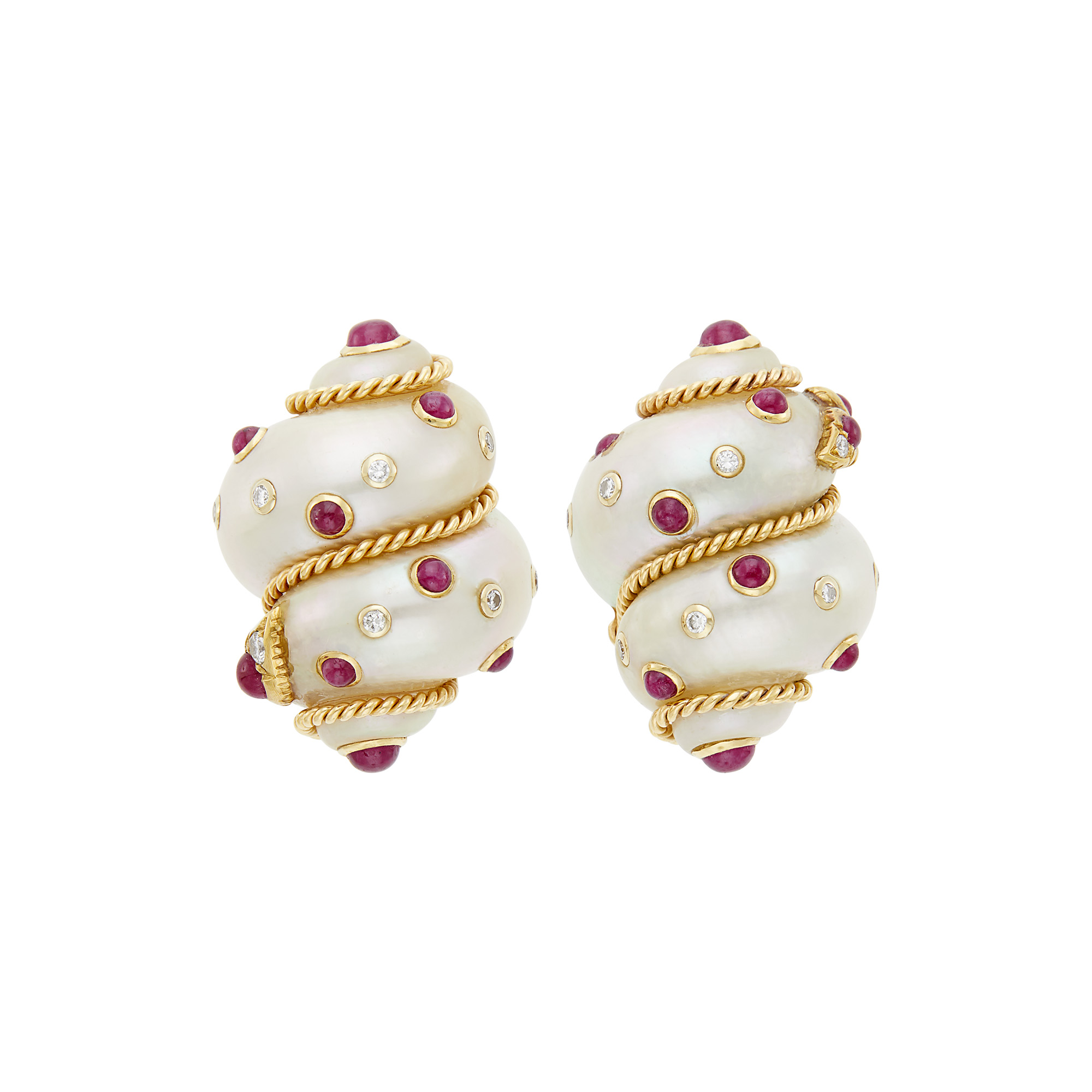 Lot image - Trianon Pair of Gold, Shell, Cabochon Ruby and Diamond Earclips, Retailed by Fred Leighton