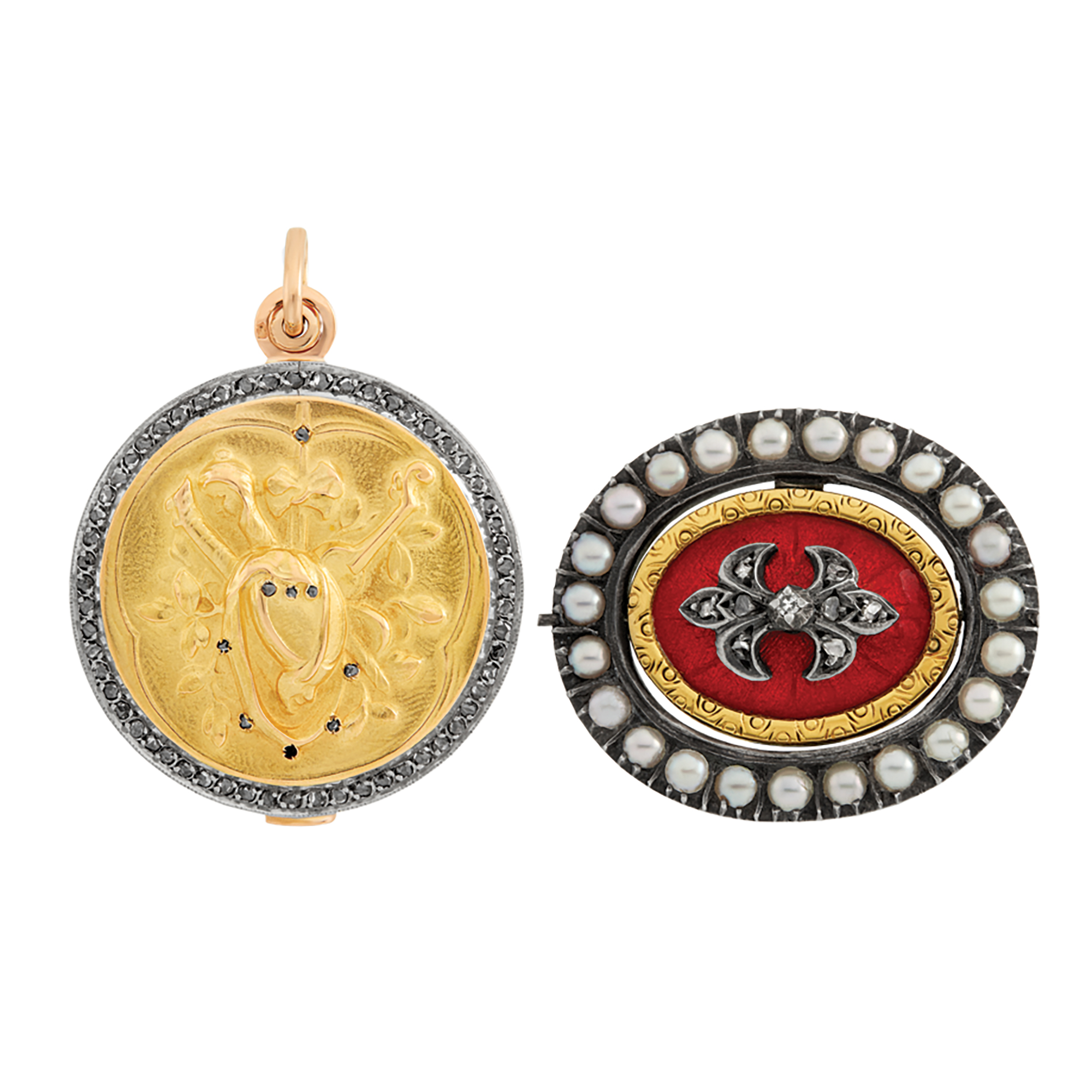Lot image - Antique Platinum-Topped Gold and Diamond Pendant-Locket, Gold, Silver, Enamel, Diamond and Pearl Double Sided Brooch