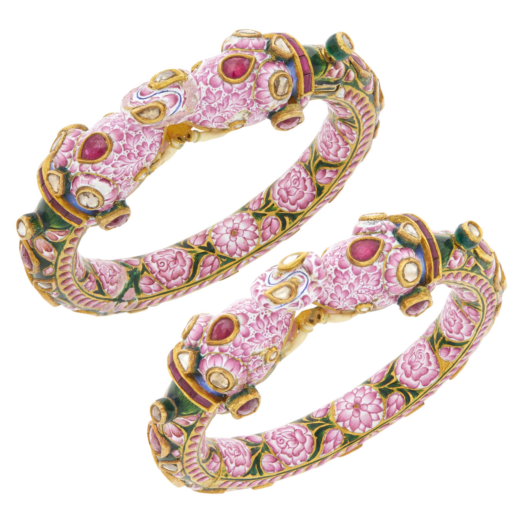 Lot image - Pair of Indian Gold, Enamel and Ruby and Diamond Elephant Bangle Bracelets