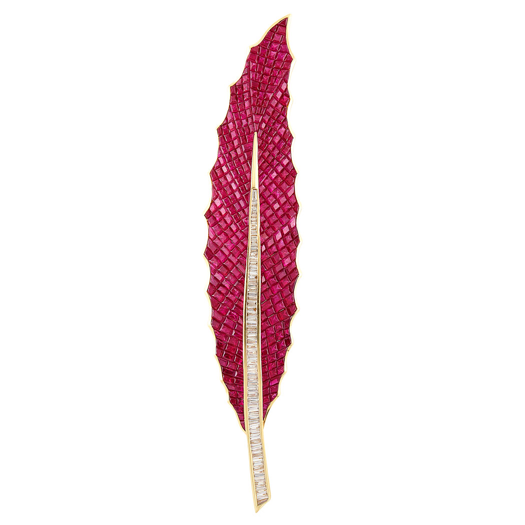 Lot image - Gold, Invisibly-Set Ruby and Diamond Leaf Brooch