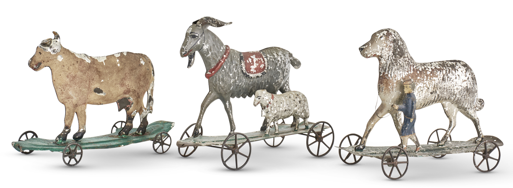 Lot image - Three Painted Tin Platform Toys