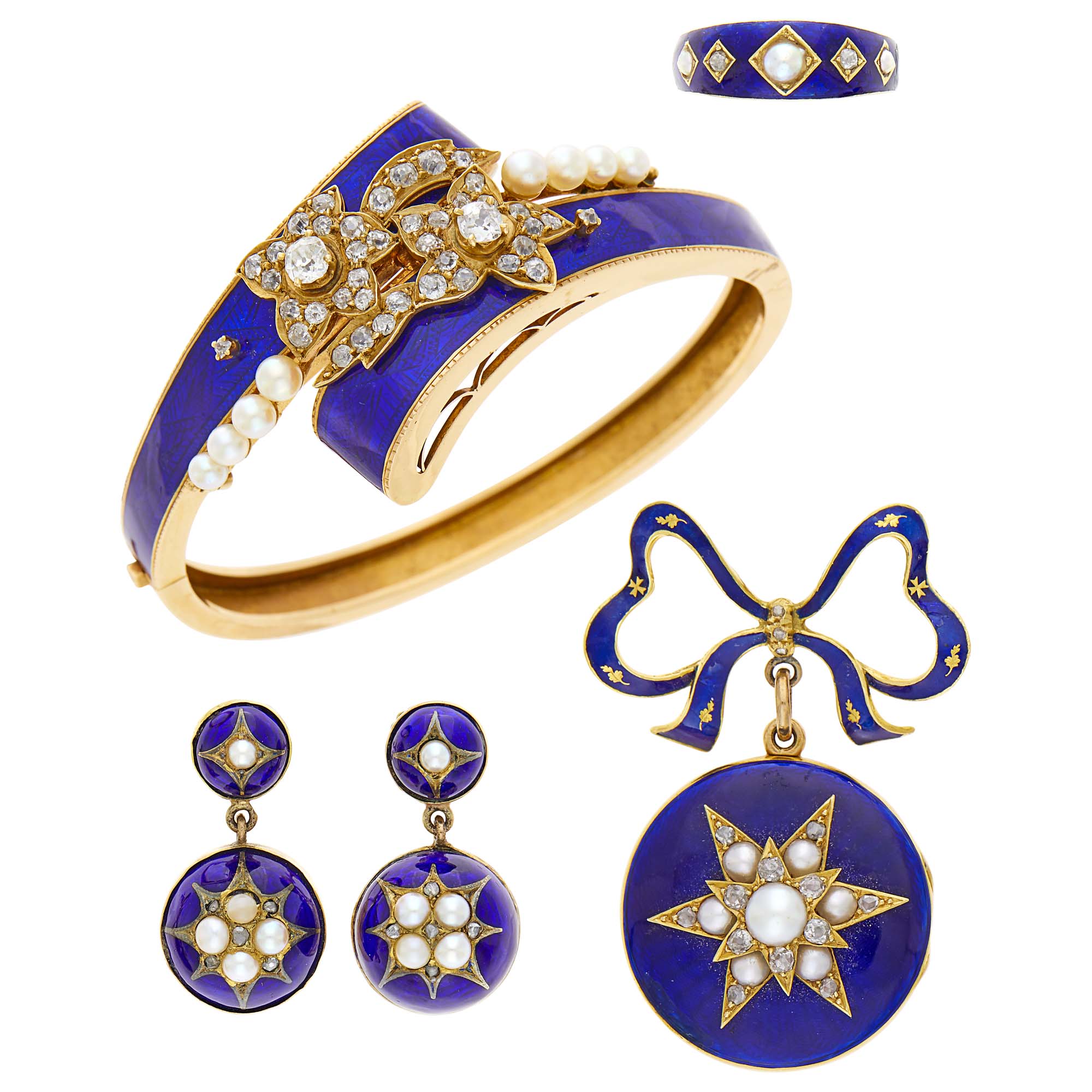 Lot image - Suite of Antique Gold, Silver, Blue Enamel, Pearl and Diamond Jewelry