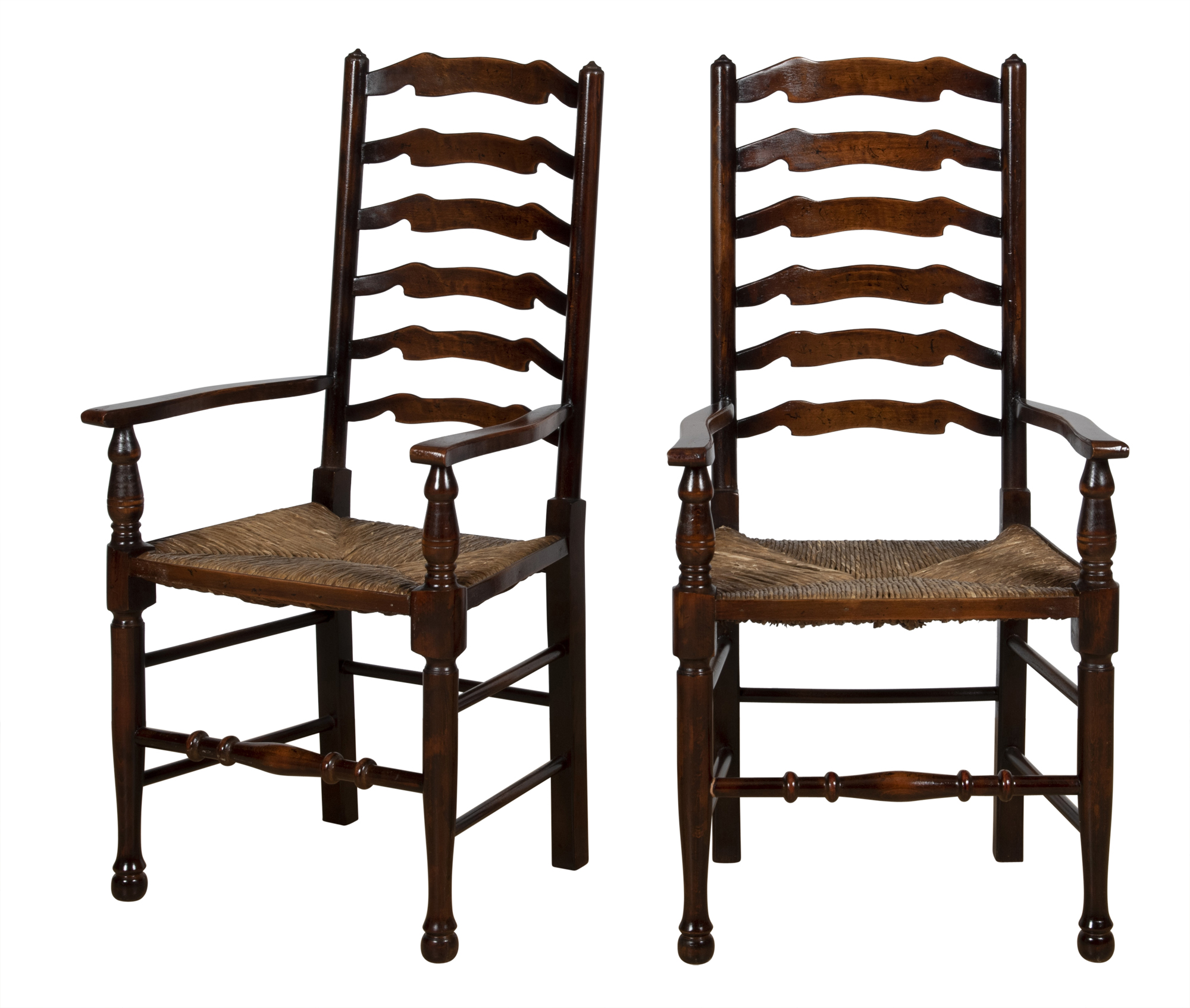 Lot image - Set of Eight English Stained Oak and Elm  Slat-Back Rush Seat Dining Armchairs