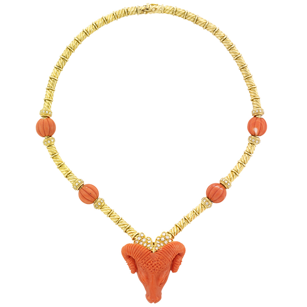 Lot image - Gold, Carved Coral and Diamond Ram's Head Pendant-Necklace