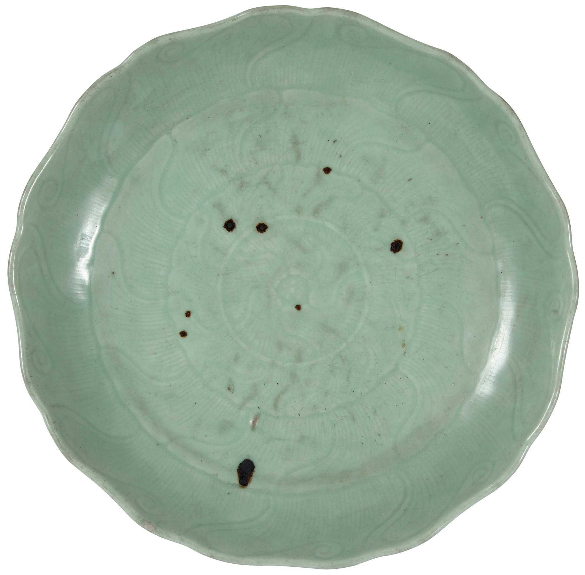 Lot image - Chinese Celadon Glazed Carved Porcelain Lotus Dish