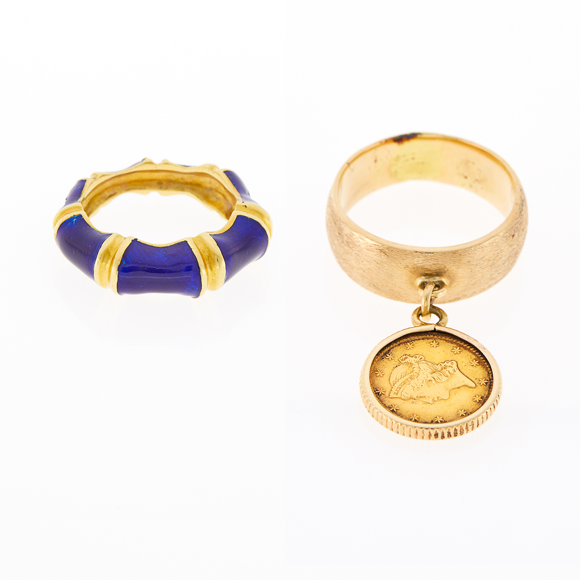 Lot image - Gold and Blue Enamel Bamboo Ring and Gold Coin Charm Ring