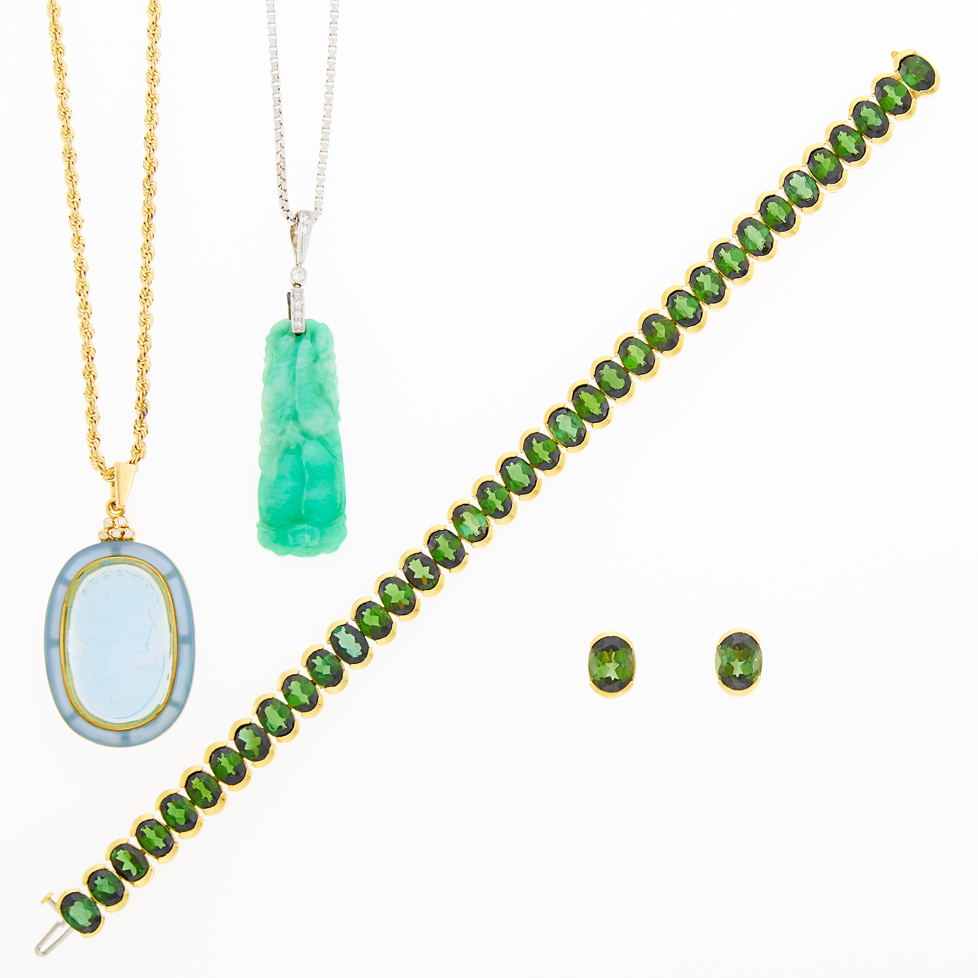 Lot image - Group of Two-Color Gold, Tourmaline, Carved Jade, Diamond and Glass Cameo Jewelry