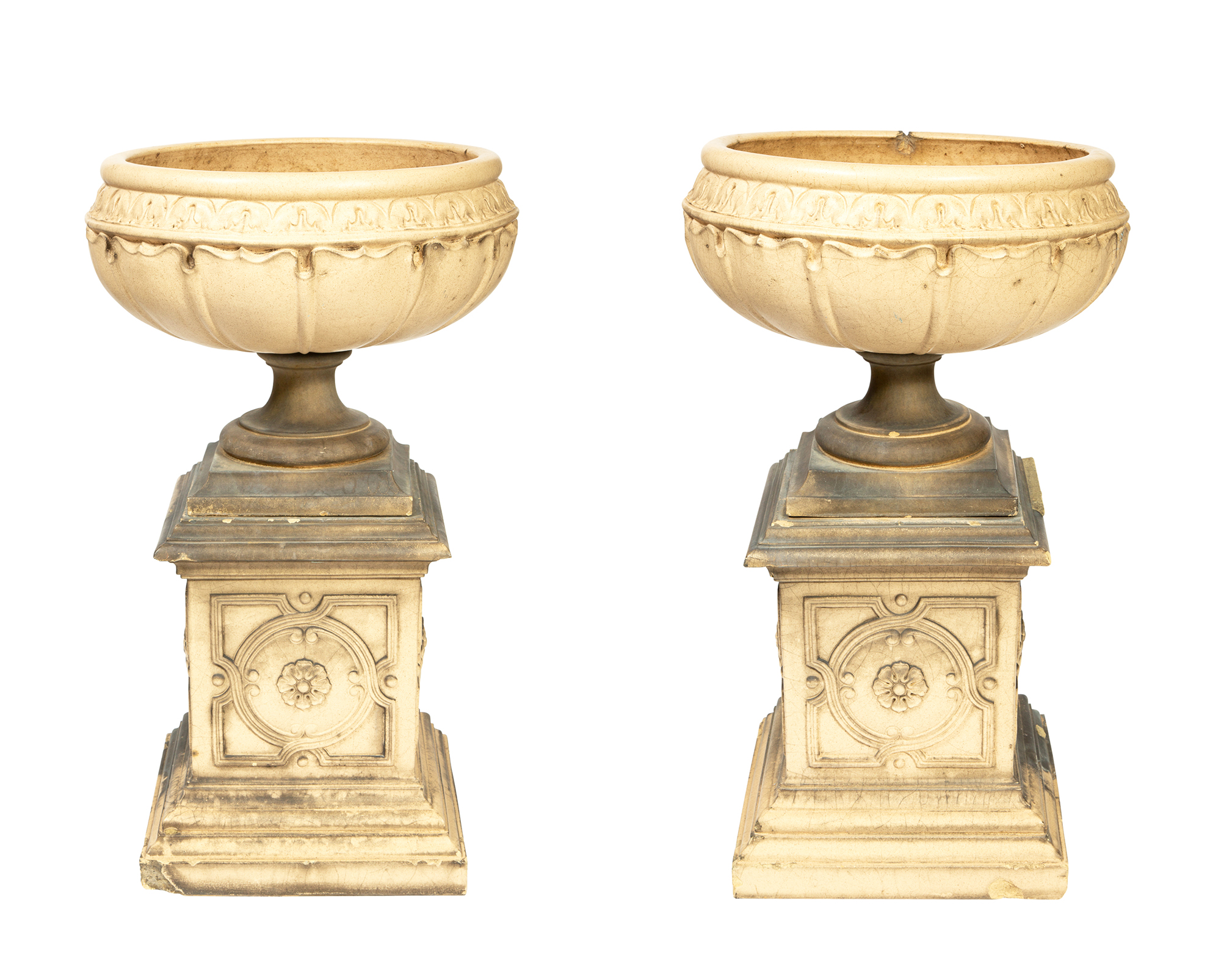 Lot image - Pair of Painted Composite Garden Urns on Pedestals