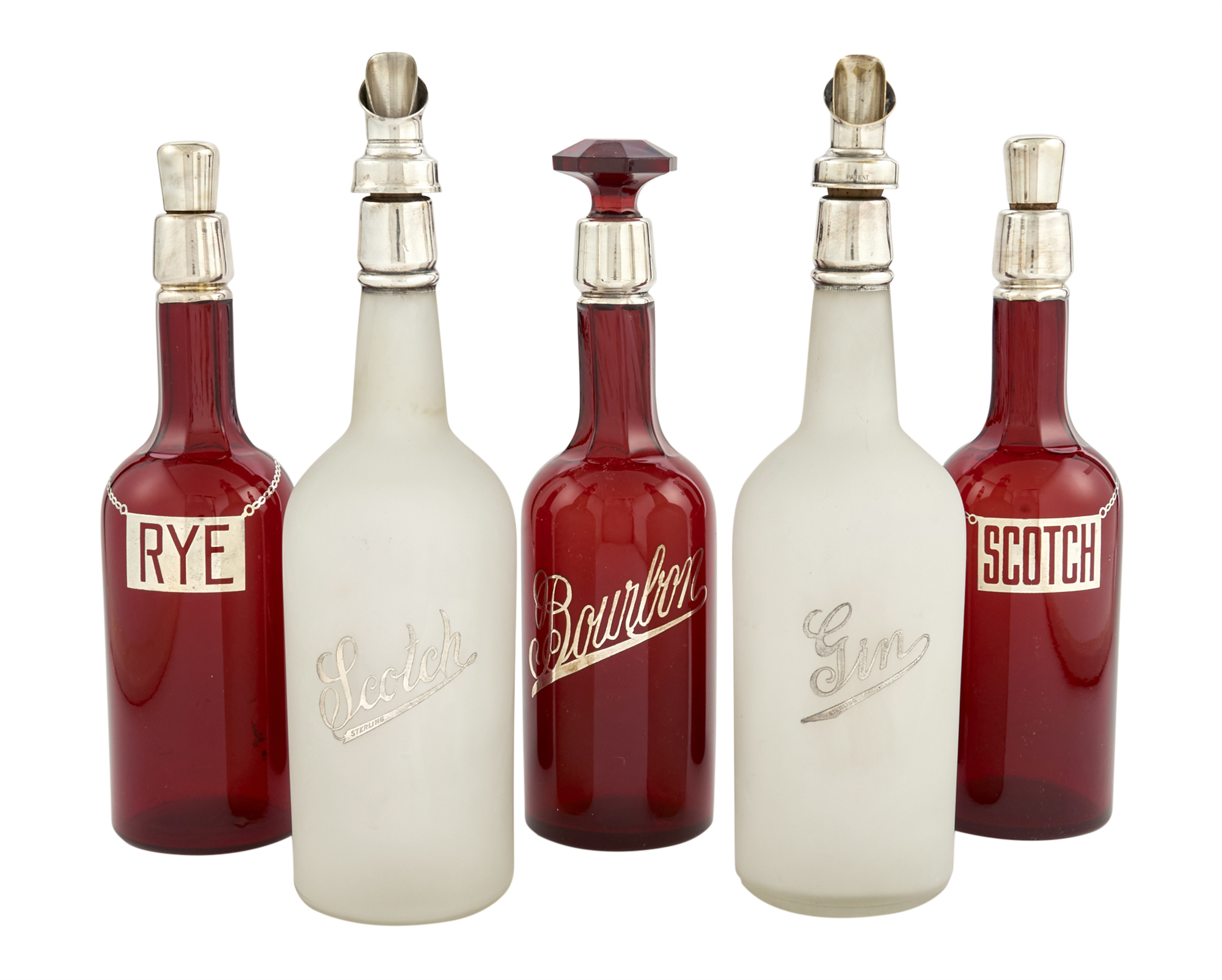 Lot image - Group of Five Silver Overlaid Glass Decanters