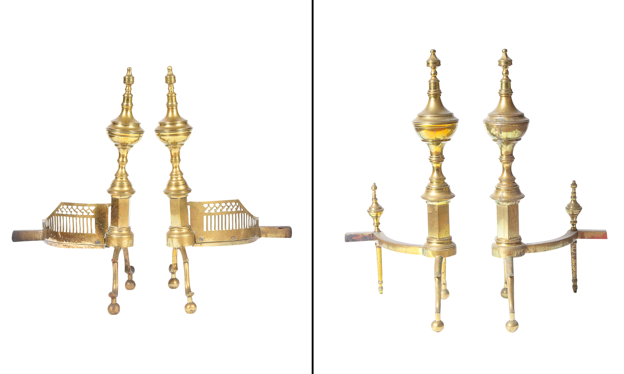Lot image - Two Pairs of Brass Ball Top Andirons