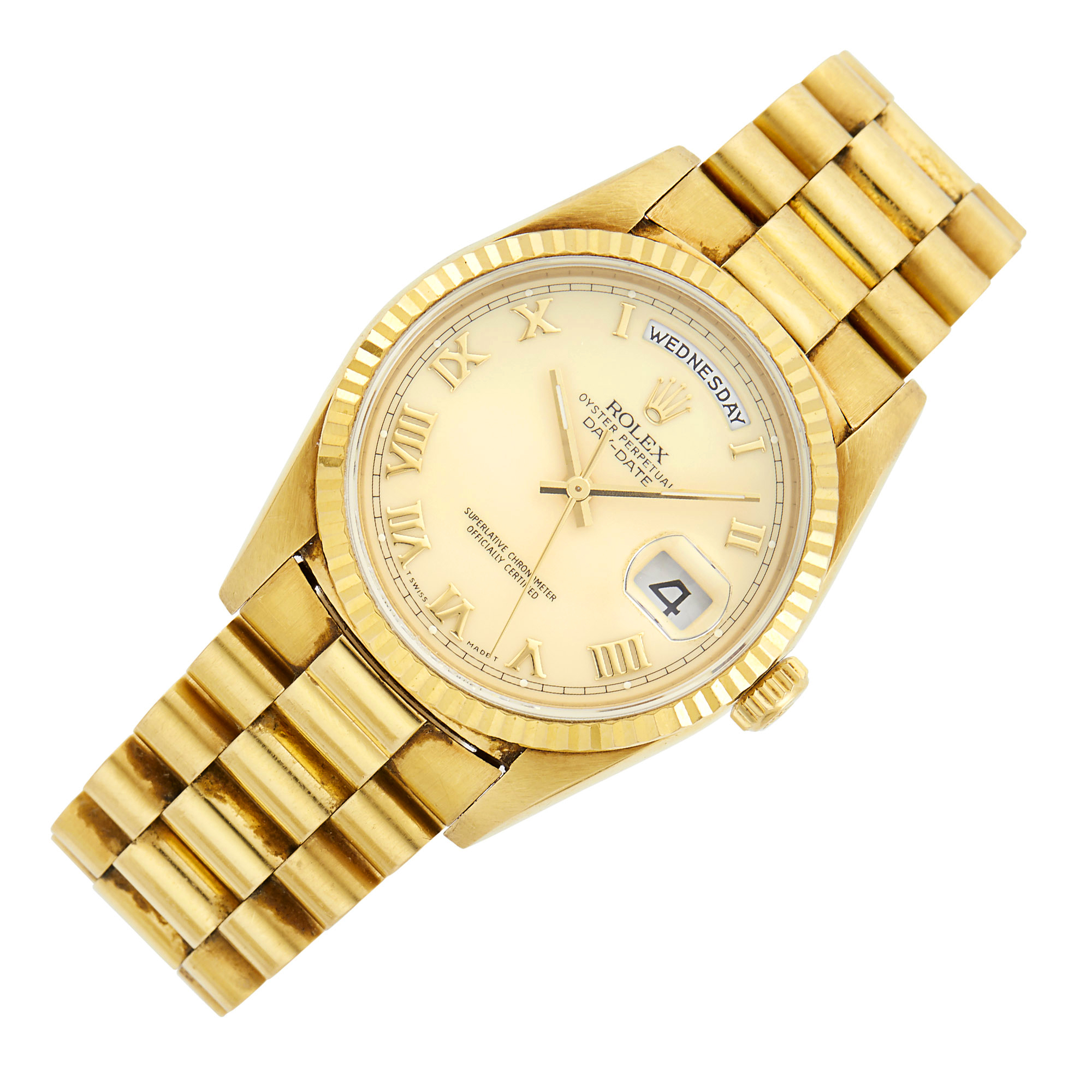 Lot image - Rolex Gentlemans Gold Oyster Perpetual Day-Date Presidential Wristwatch, Ref. 18238