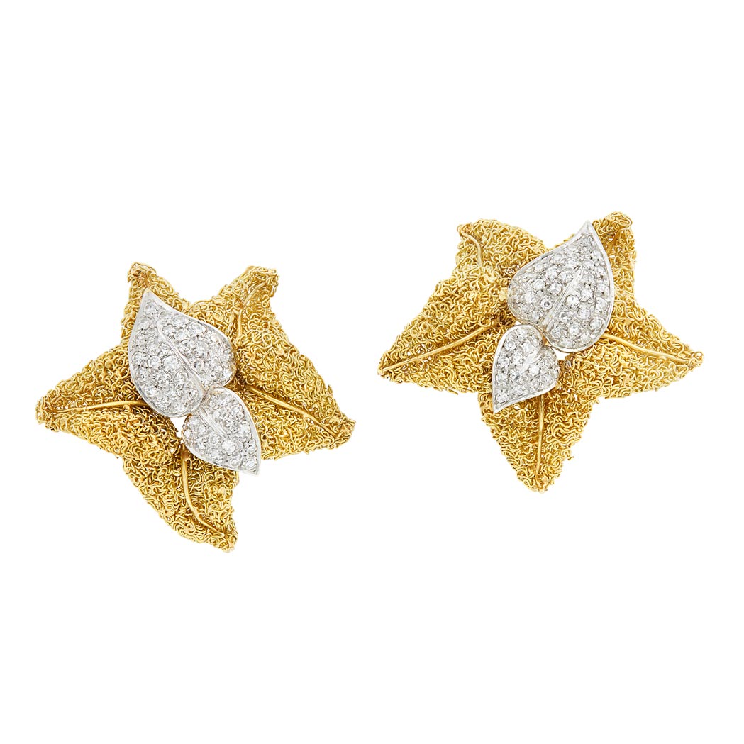 Lot image - Pair of Two-Color Gold and Diamond Leaf Earclips