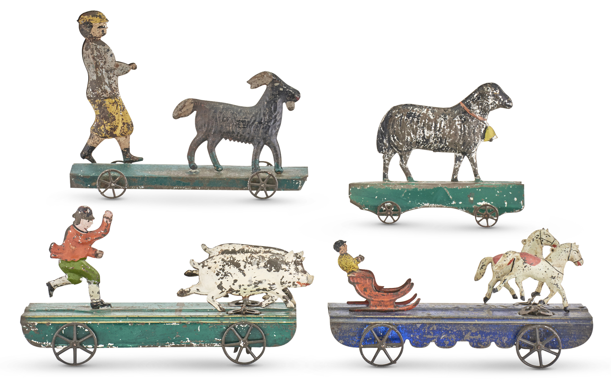 Lot image - Four Painted Tin Platform Toys