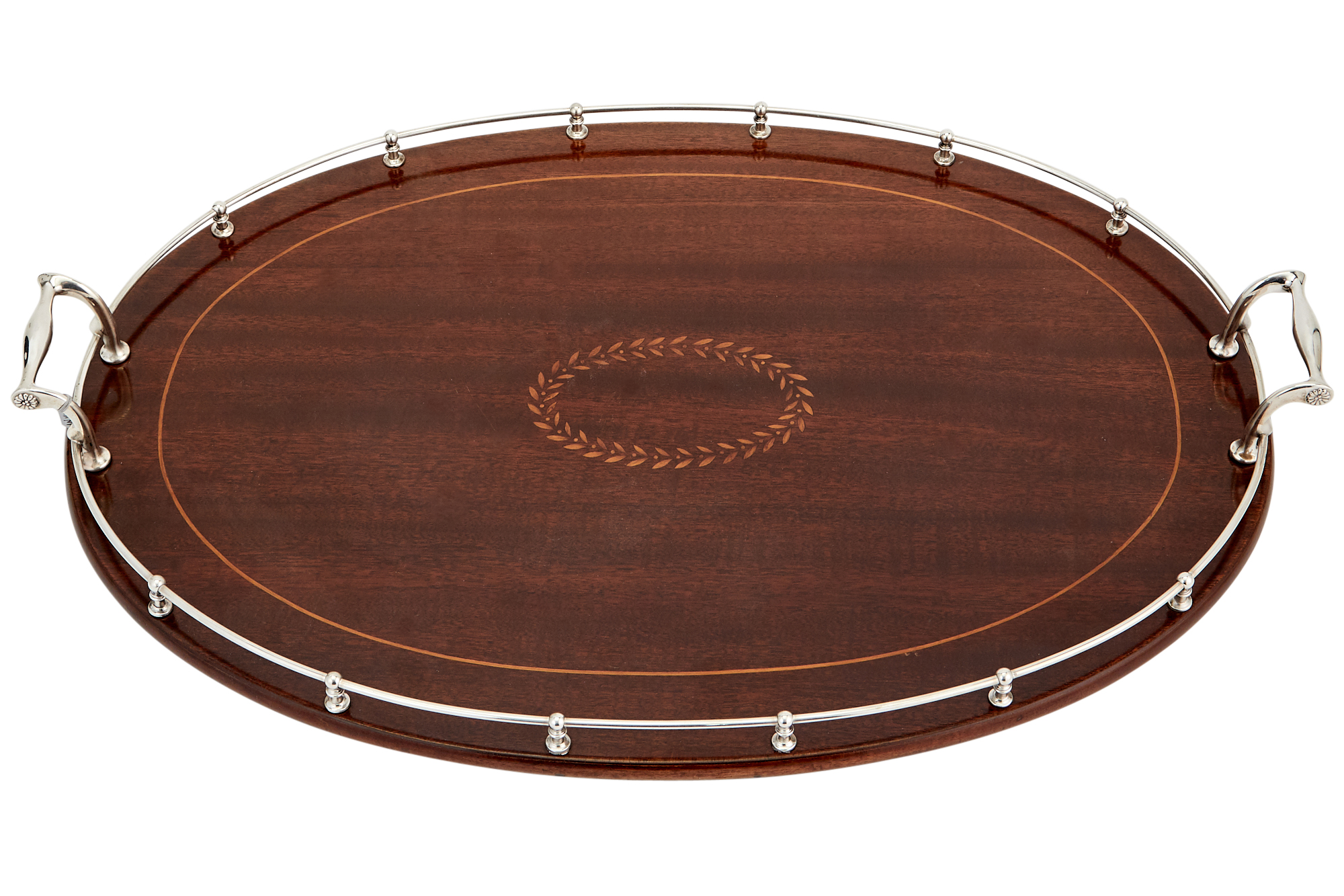 Lot image - Tiffany & Co. Sterling Silver Mounted Inlaid Mahogany Two Handled Tray