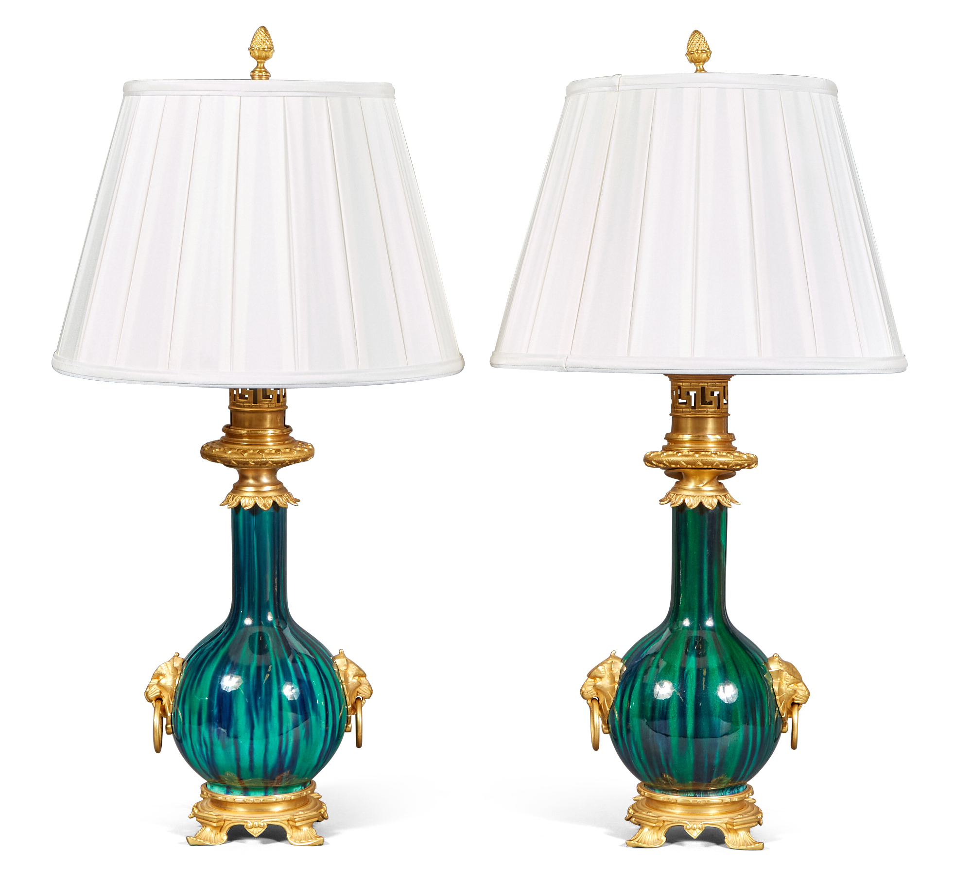 Lot image - Pair of French Gilt-Bronze Green Ground Ceramic Vases Mounted as Lamps