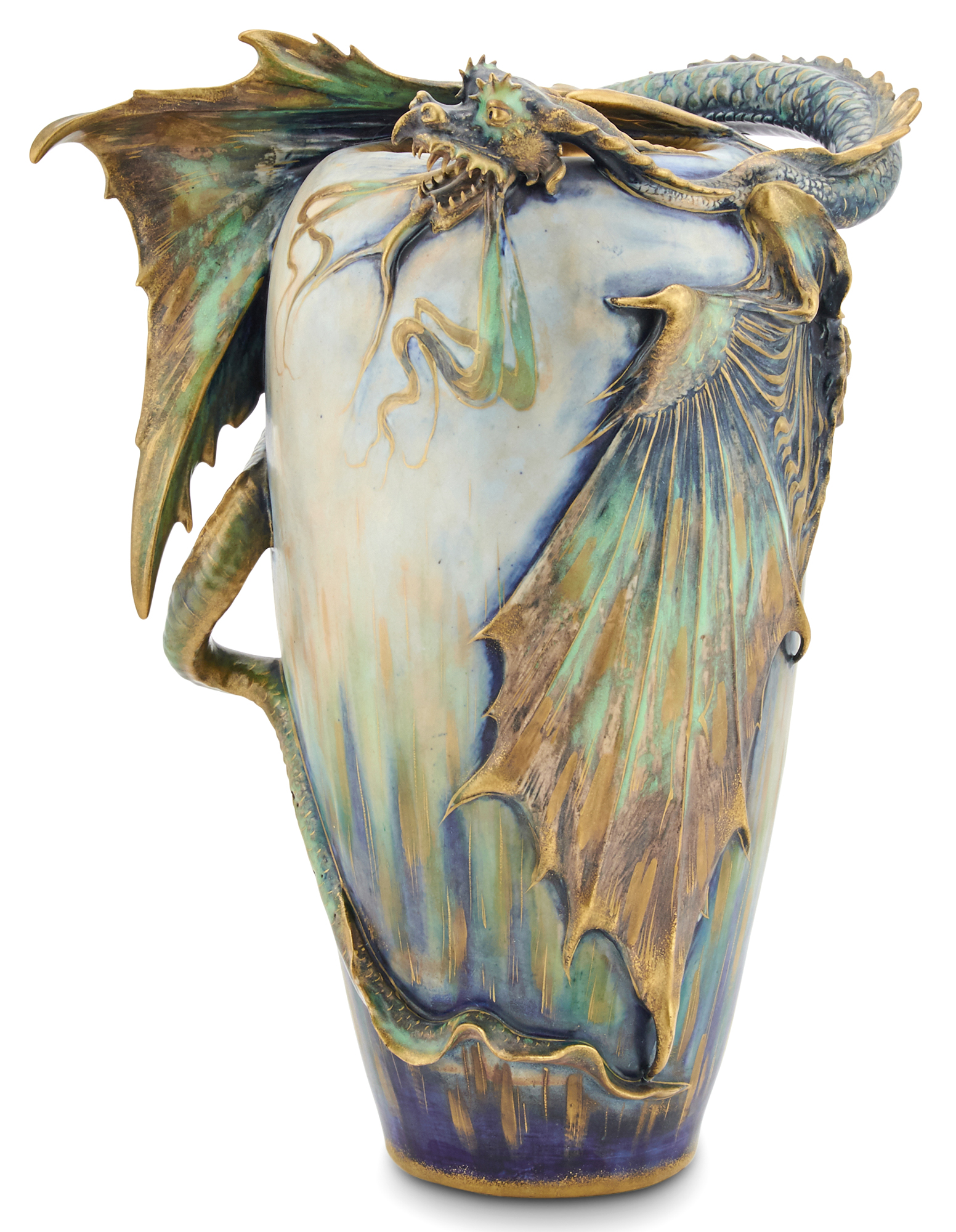 Lot image - Amphora Pottery Co. Art Nouveau Earthenware Vase With Two-Winged Dragon
