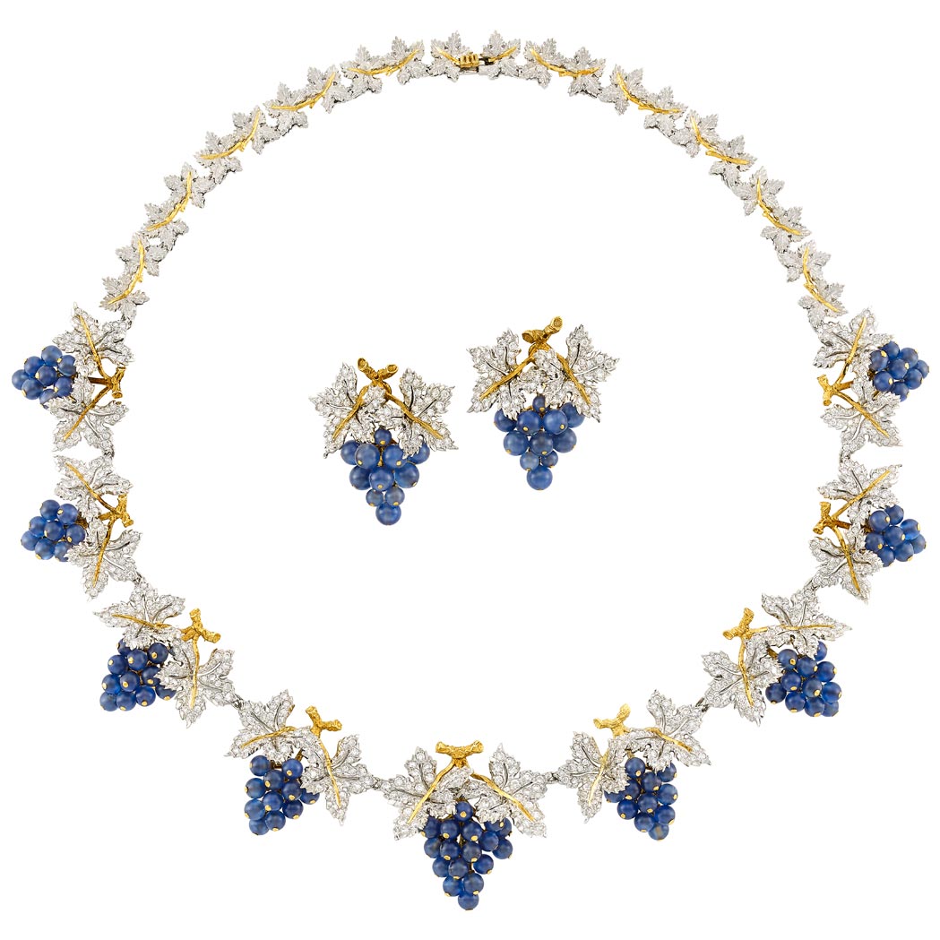 Lot image - Two-Color Gold, Diamond and Sapphire Grape Cluster Necklace, Buccellati, and Pair of Earrings, Gianmaria Buccellati