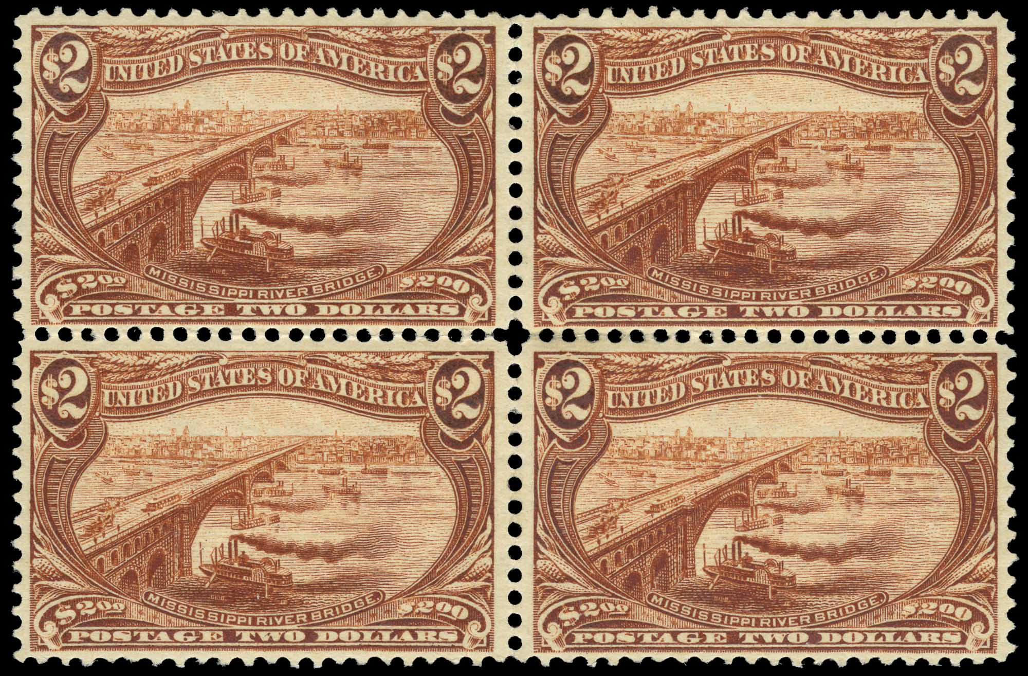 Lot image - United States 1898 $2 Trans-Mississippi Block of Four, Scott 293