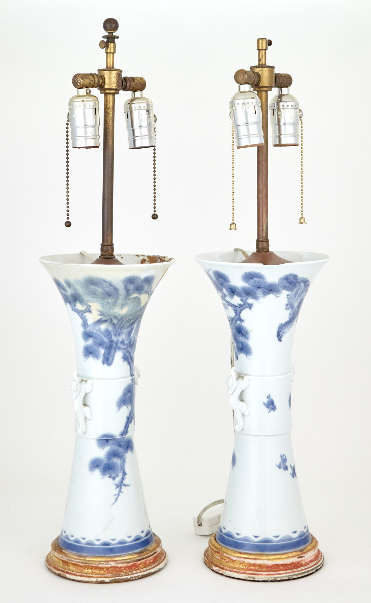 Lot image - Pair of Japanese Blue and White Hirado Porcelain Vases Mounted as Lamps