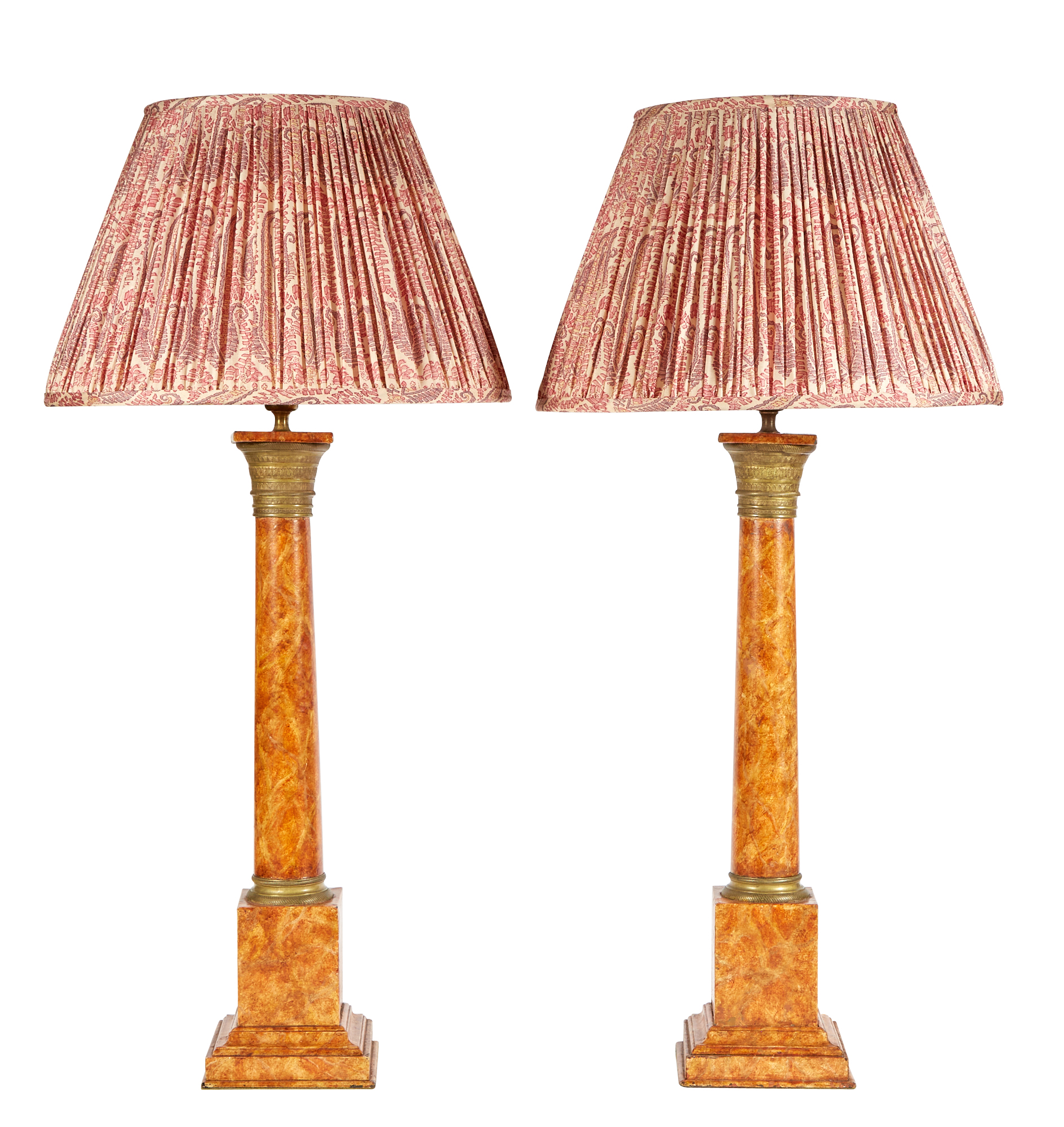 Lot image - Pair of Gilt-Metal Mounted Faux Marble Painted Columnar Lamps