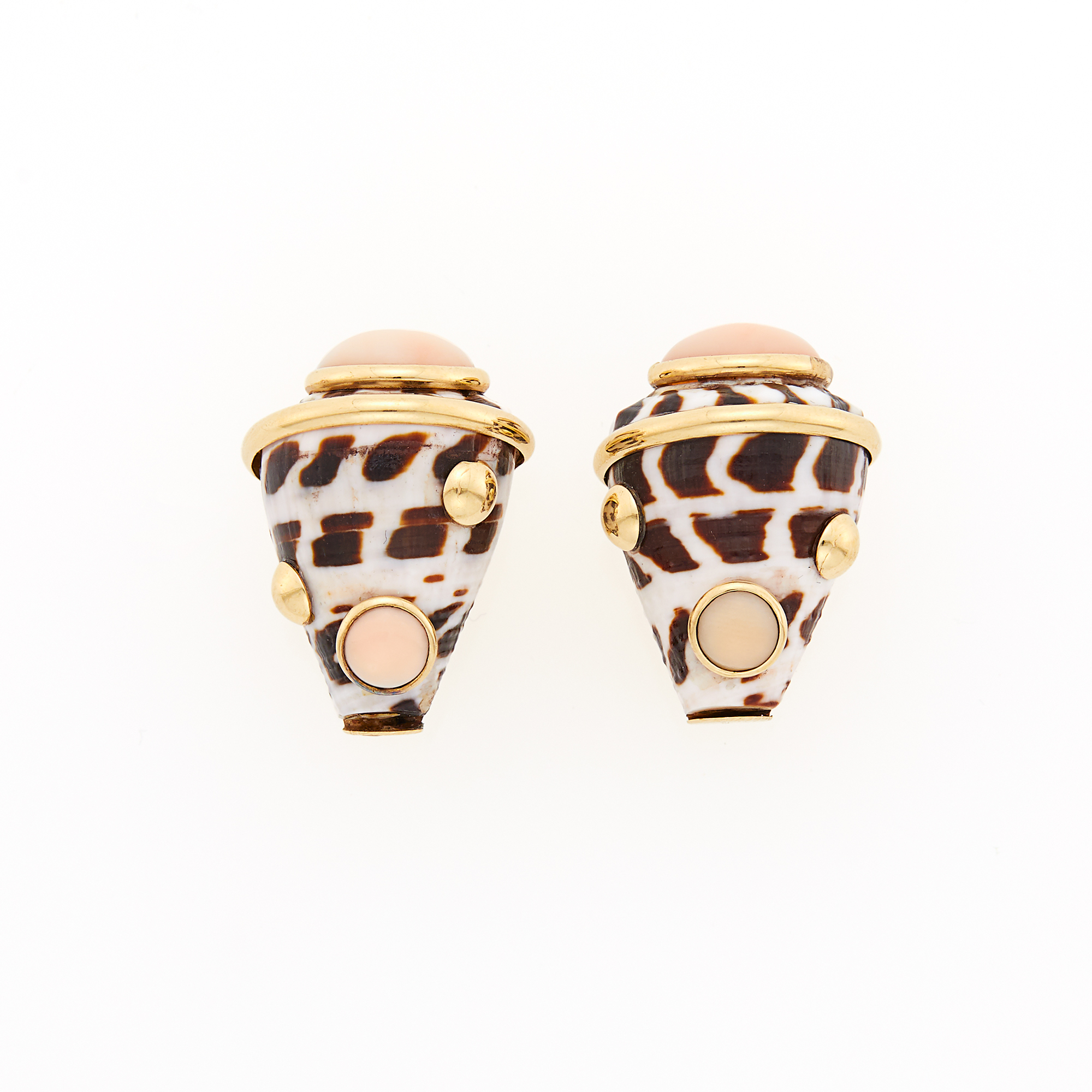 Lot image - Maz Pair of Gold, Shell and Angel Skin Coral Earclips