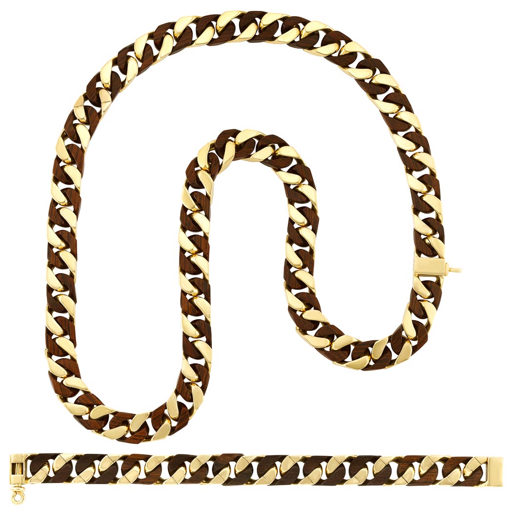 Lot image - Long Gold and Wood Curb Link Necklace and Bracelet