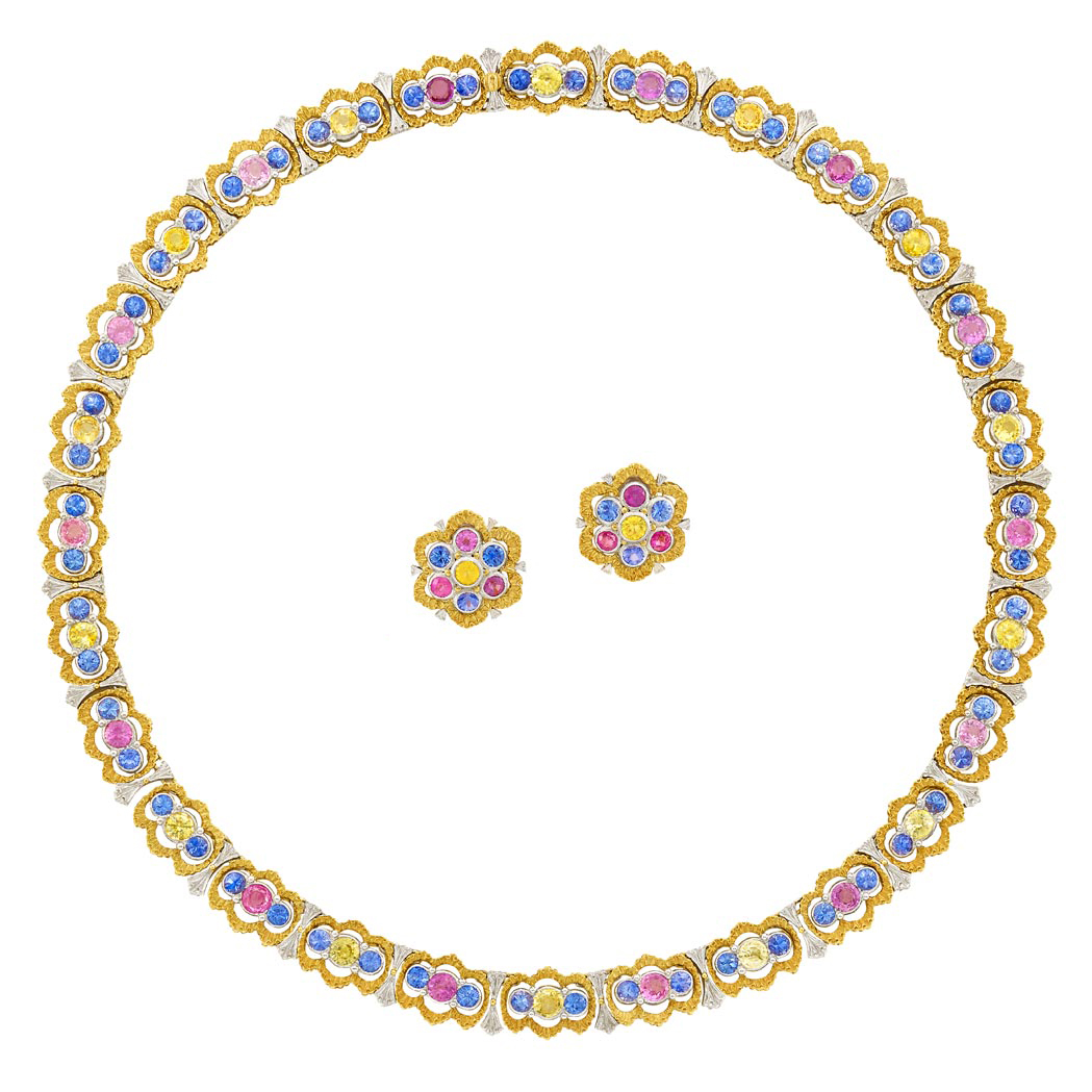 Lot image - Two-Color Gold and Multicolored Sapphire Necklace and Pair of Earclips, Buccellati