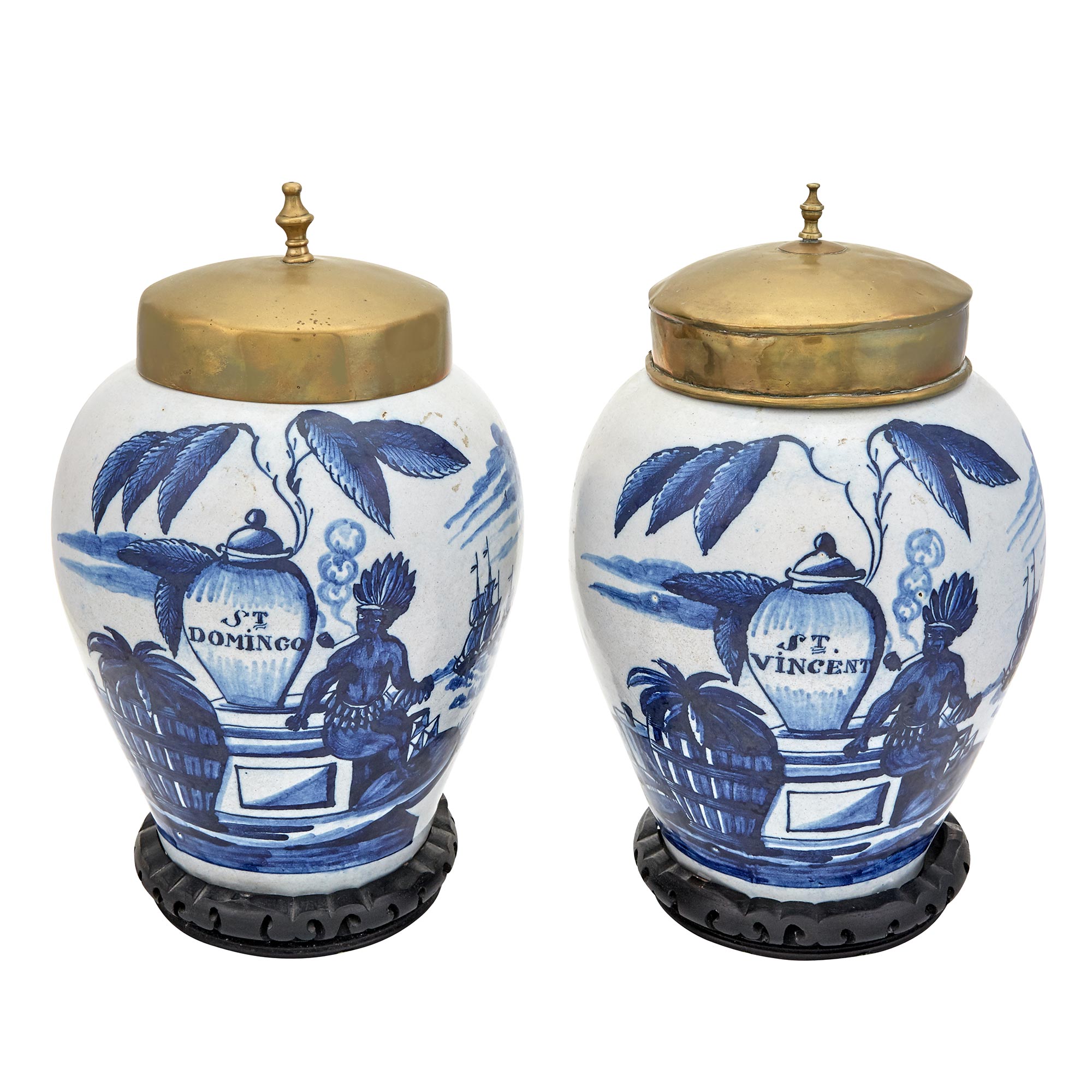 Lot image - Pair of Delft V.O.C. Blue and White Faience Tobacco Jars