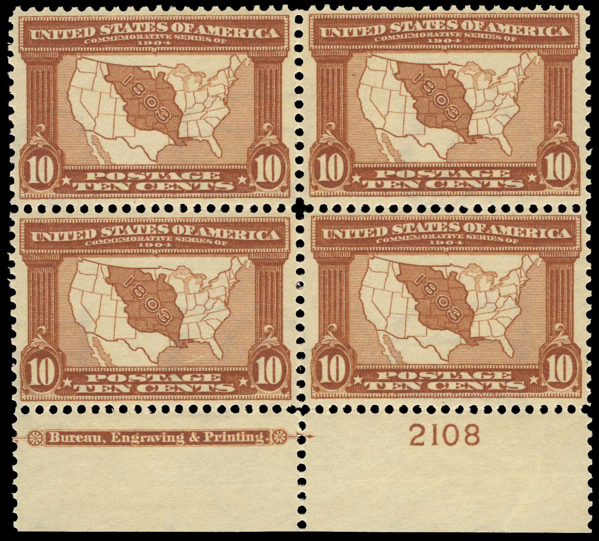 Lot image - United States 1904 10 Cents Louisiana Purchase Block of Four, Scott 327