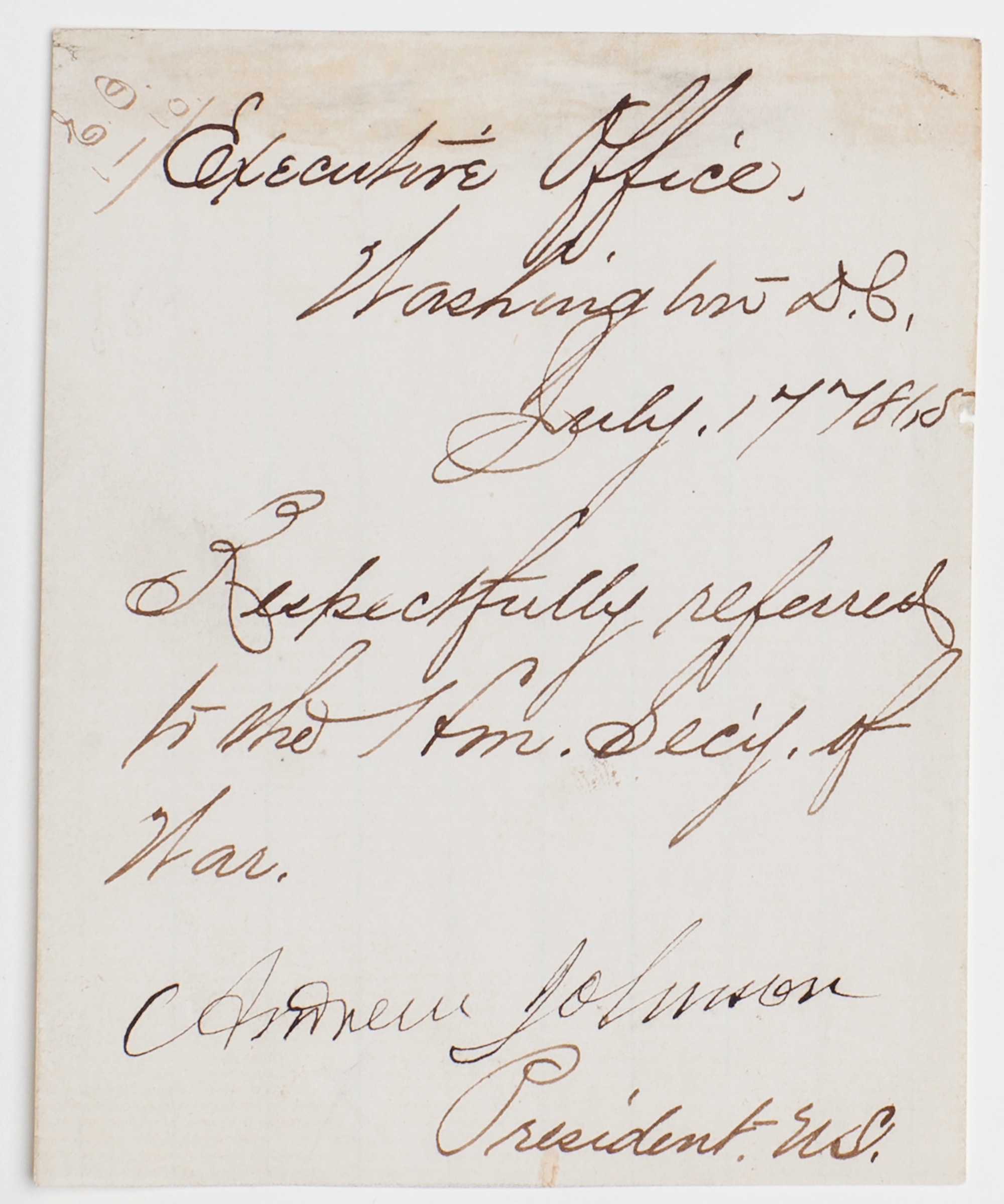 Lot image - JOHNSON, ANDREW  Endorsement signed as President.