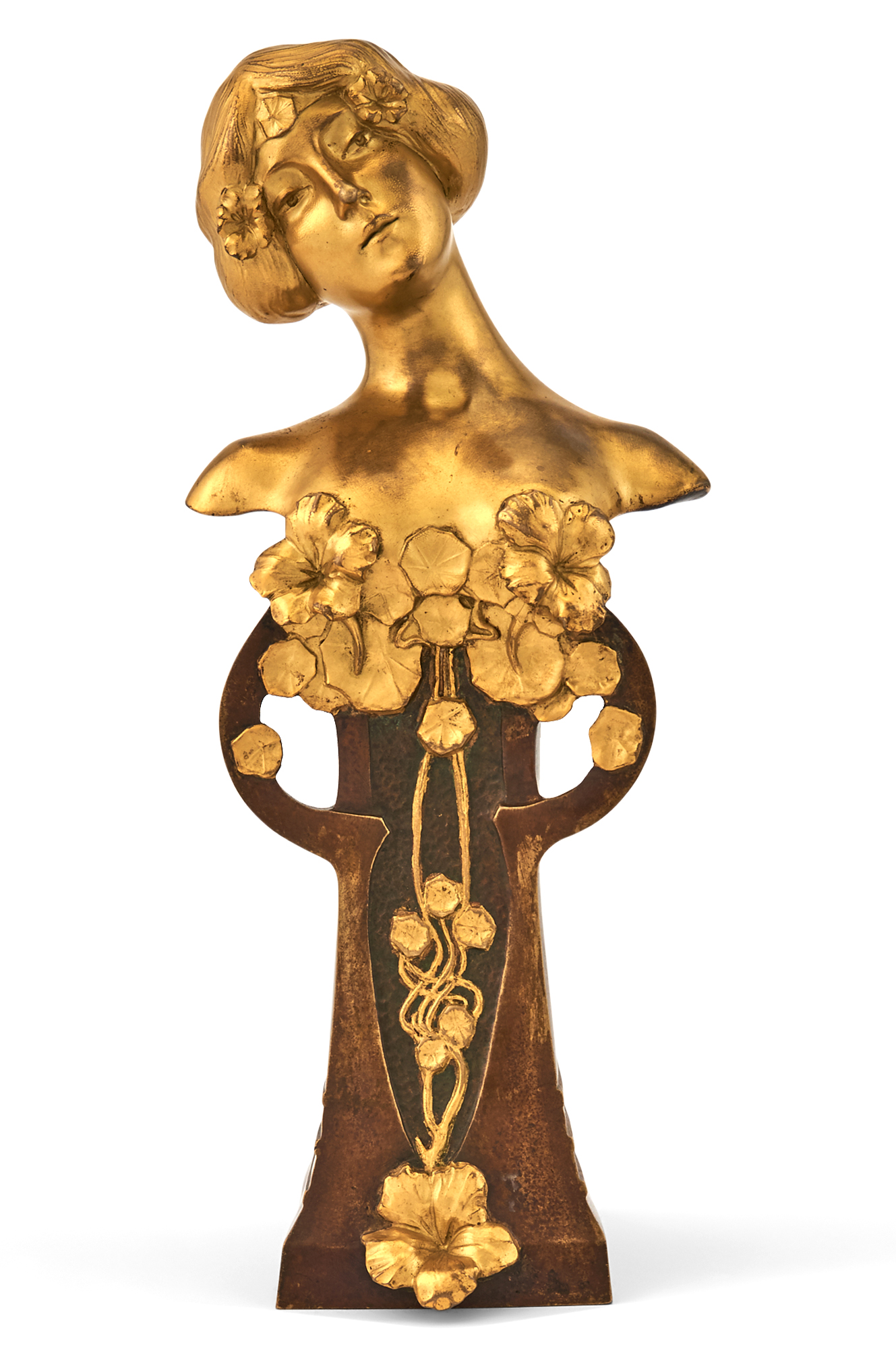 Lot image - Czechoslovakian Art Nouveau Gilt and Patinated Bronze Bust of a Maiden