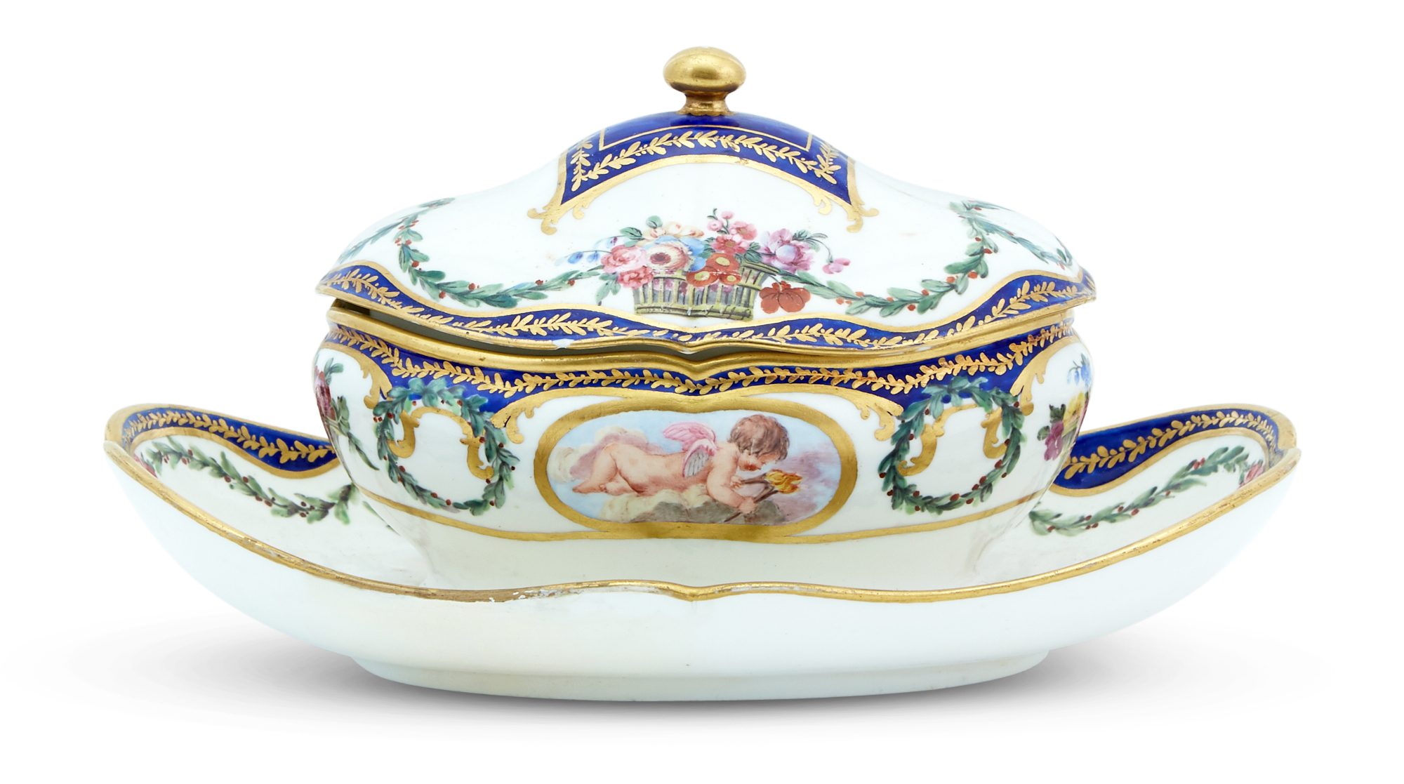Lot image - Sèvres Porcelain Monogrammed Sugar Bowl and Cover on Integral Stand, from the Charlotte-Louise Service (Sucrier de Monsieur le Premier)