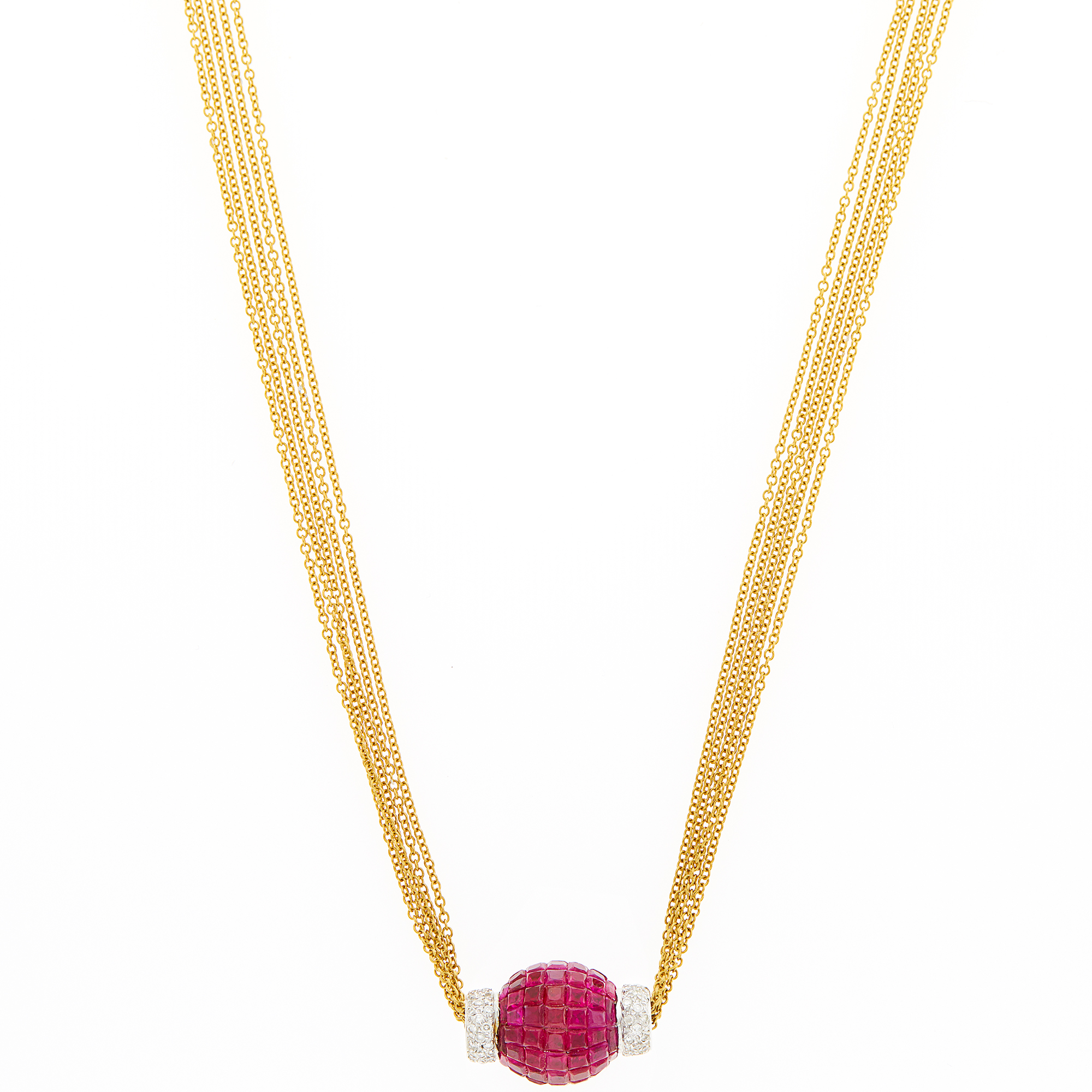 Lot image - Five Strand Gold, Diamond and Invisibly-Set Ruby Pendant-Necklace
