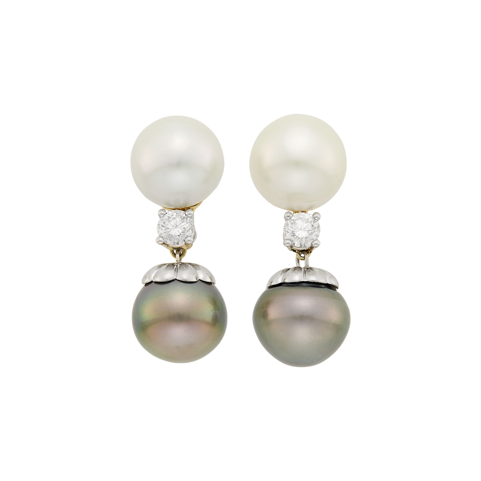 Lot image - Tony Duquette Pair of Two-Color Gold, South Sea and Tahitian Gray Cultured Pearl and Diamond Pendant-Earclips
