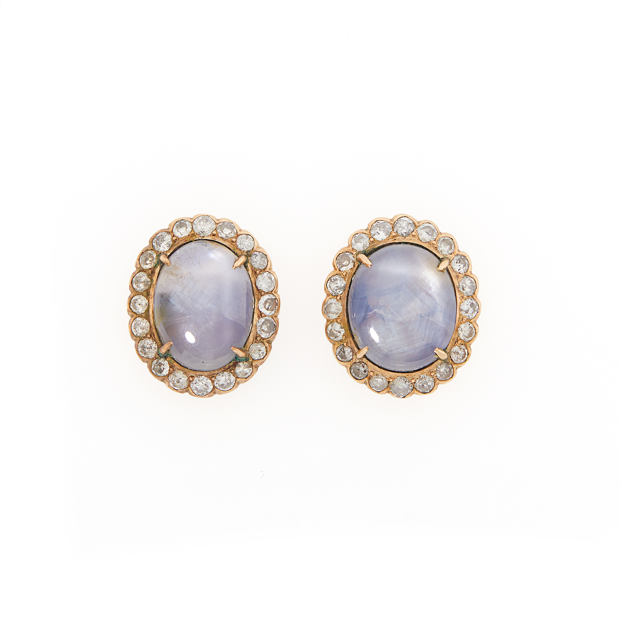 Lot image - Pair of Rose Gold, Star Sapphire and Diamond Earrings