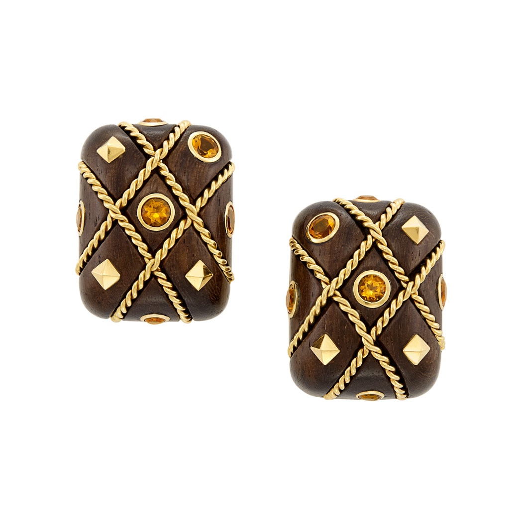 Lot image - Pair of Gold, Wood and Citrine Earclips, Seaman Schepps