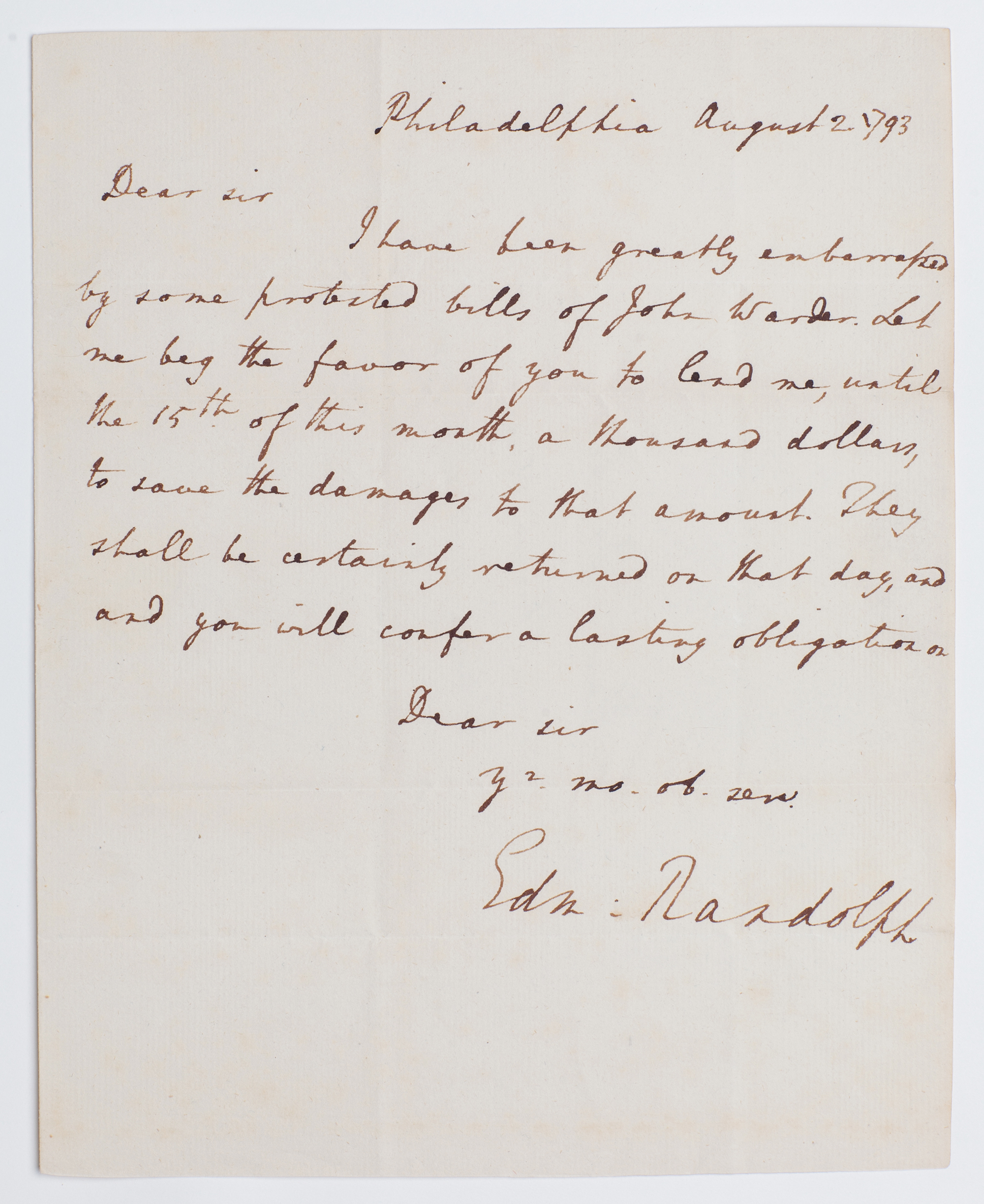 Lot image - RANDOLPH, EDMUND  Autograph letter signed.
