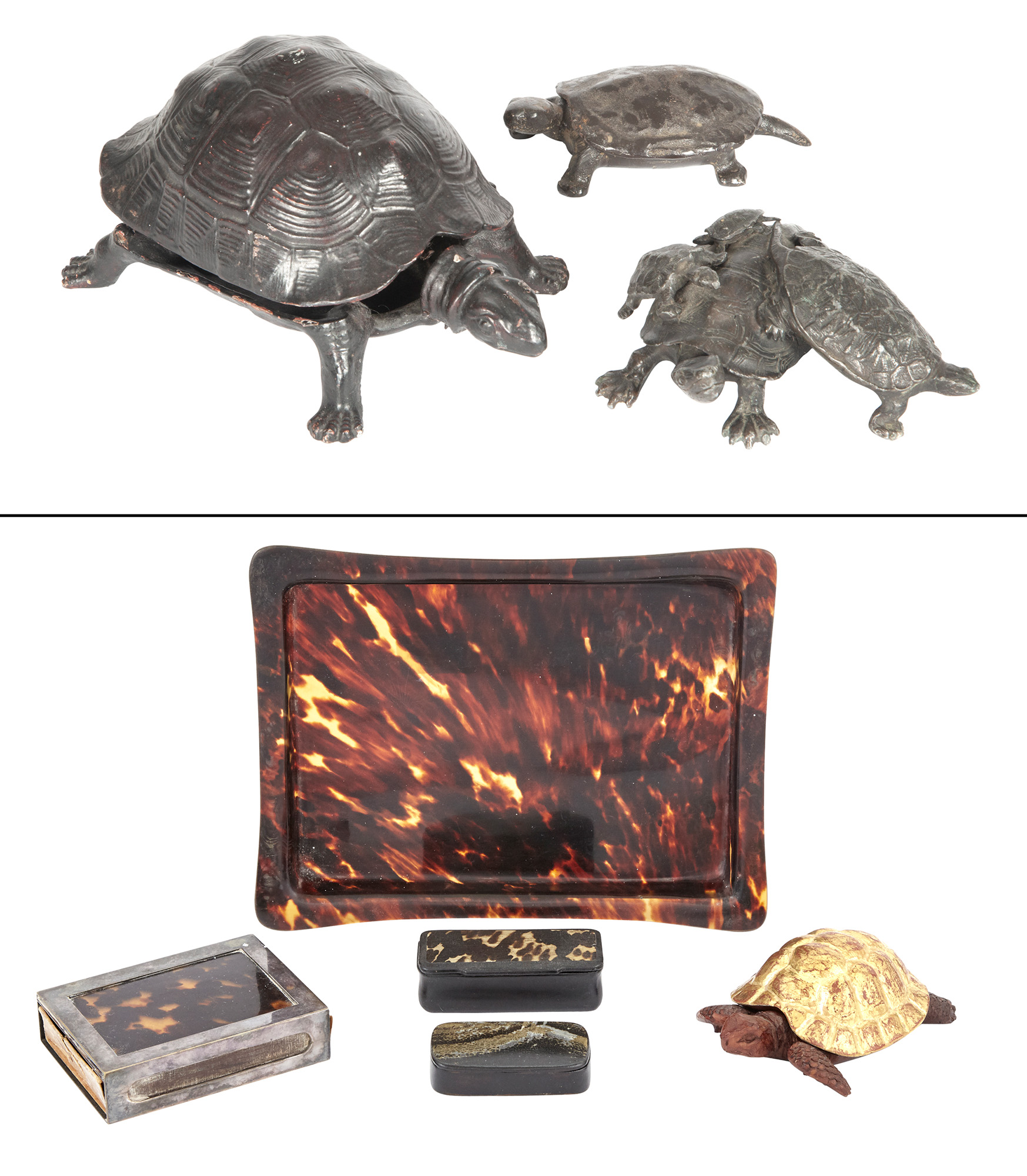 Lot image - Two Painted Metal Turtle Form Boxes and a Painted Metal Turtle Group