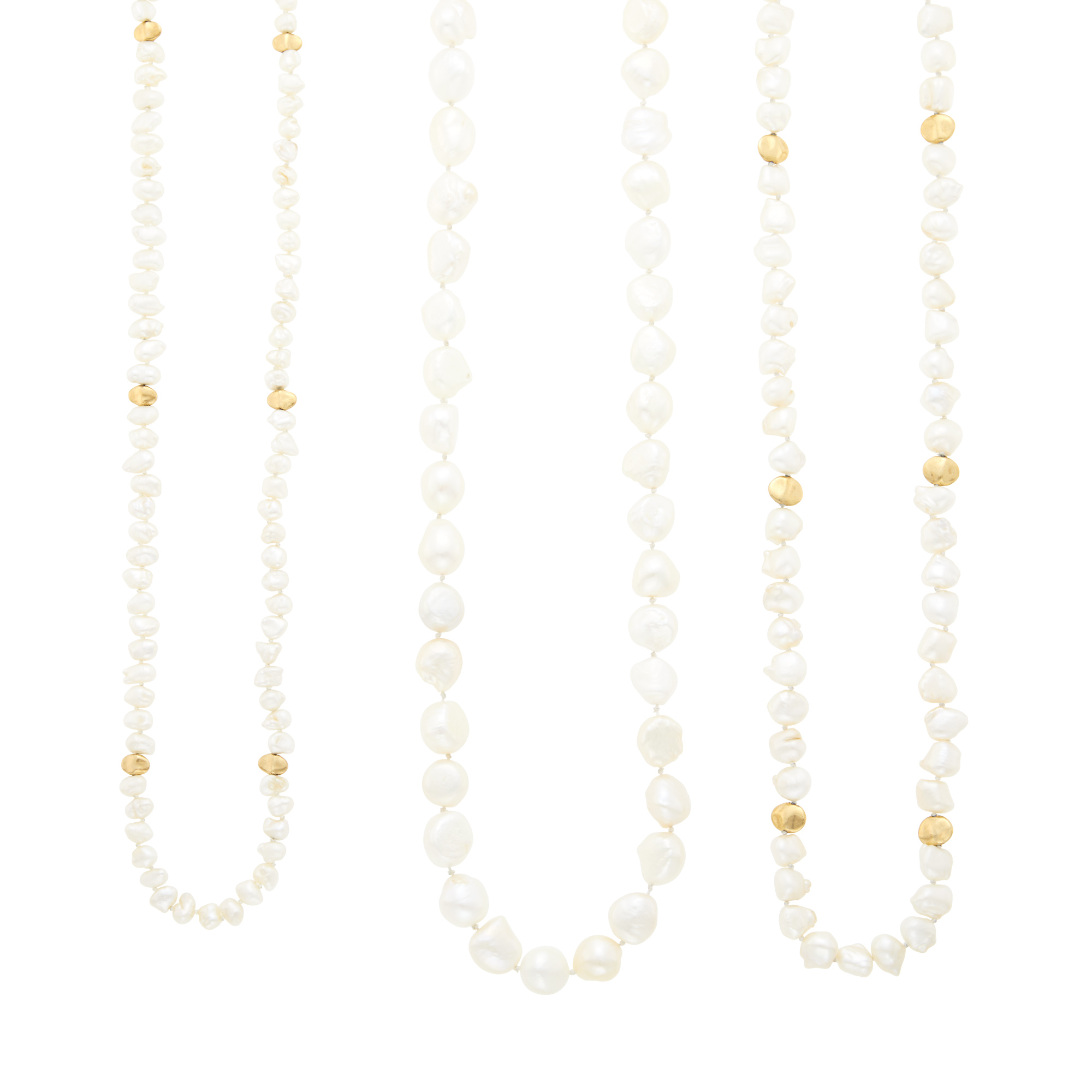 Lot image - Two Gold and Baroque Freshwater Pearl Necklaces and Long Freshwater Pearl Strand