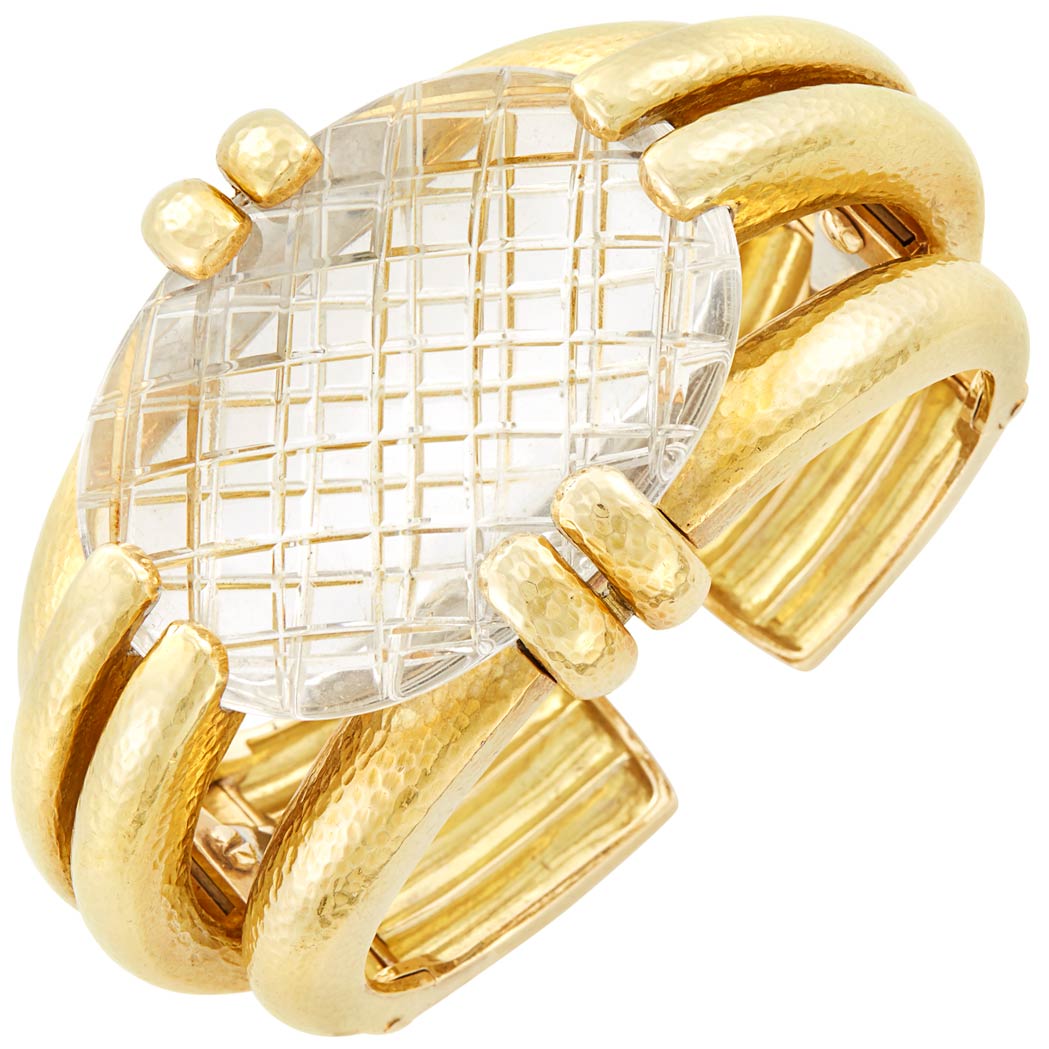 Lot image - Gold and Carved Rock Crystal Cuff Bangle Bracelet, David Webb