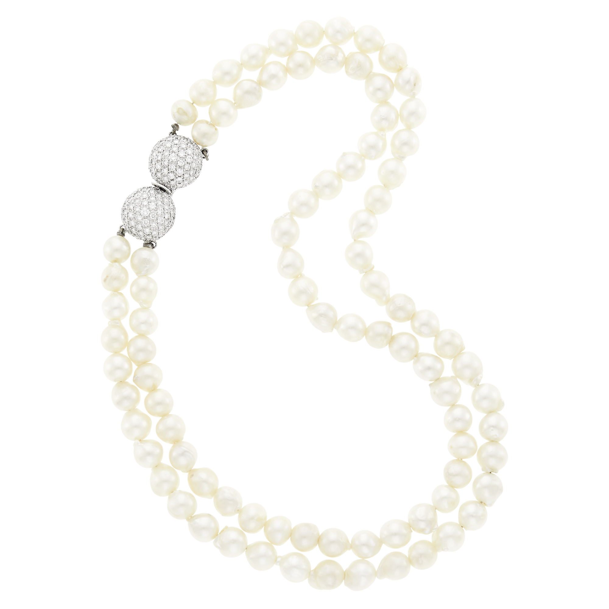 Lot image - Double Strand Baroque Cultured Pearl Necklace with White Gold and Diamond Clasp
