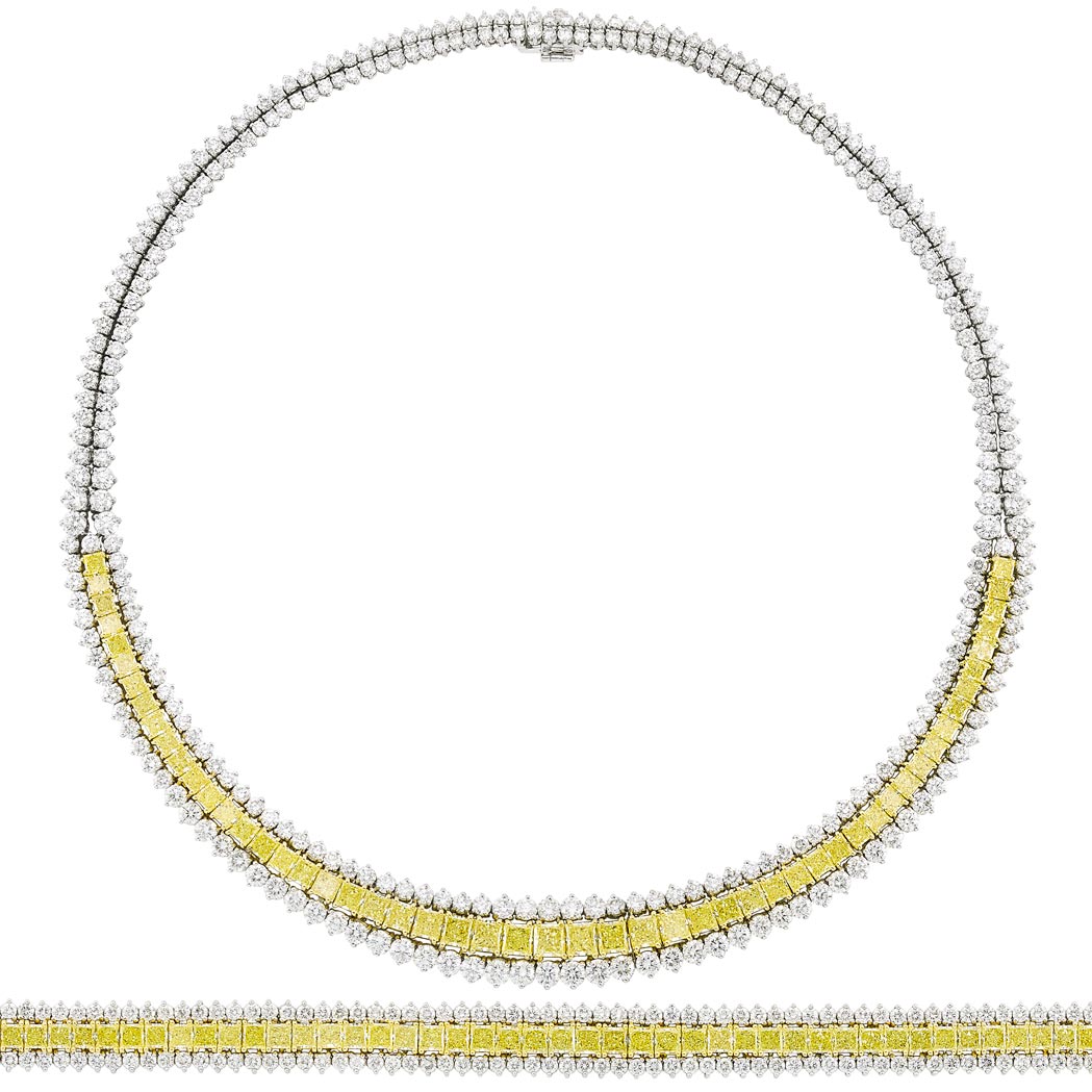 Lot image - Platinum, Gold, Fancy Colored Yellow Diamond and Diamond Necklace and Bracelet