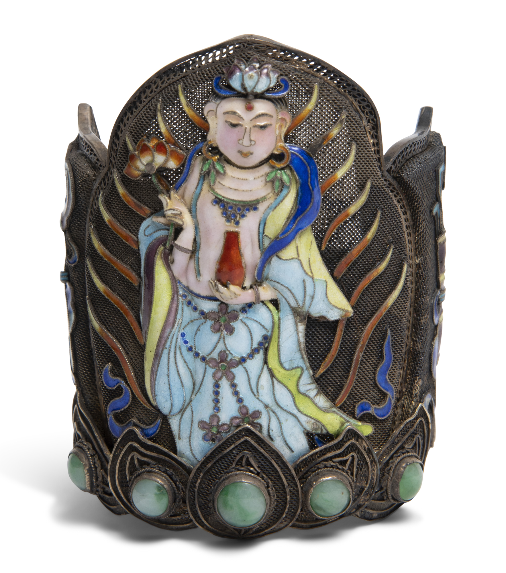 Lot image - A Chinese Enamel and Jadeite-Inset Silver Bracelet