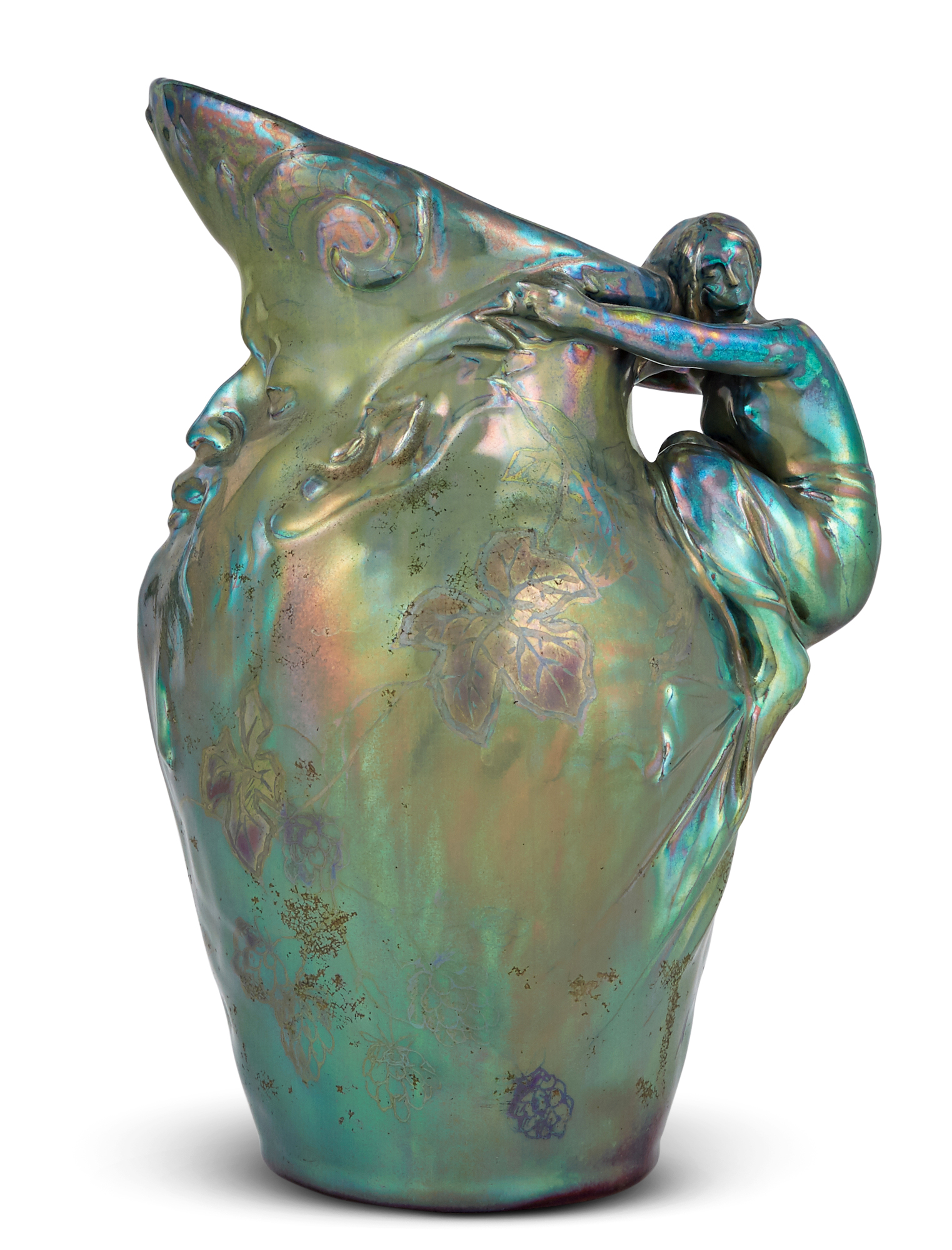 Lot image - Delphin Massier Art Nouveau Lusterware River God Pitcher with Female Figural Handle