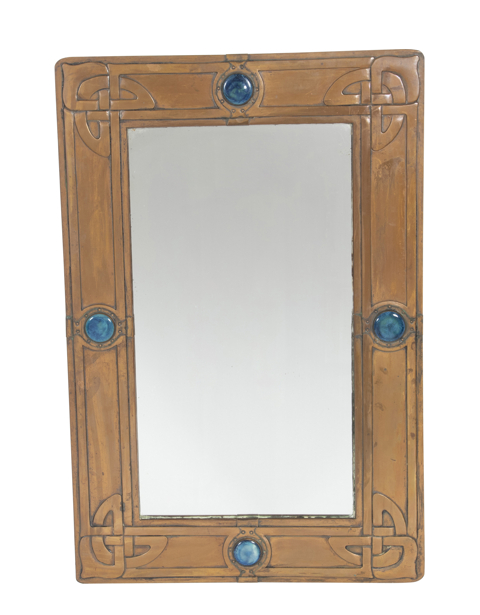 Lot image - Arts & Crafts Enamel Inset Copper Clad Mirror