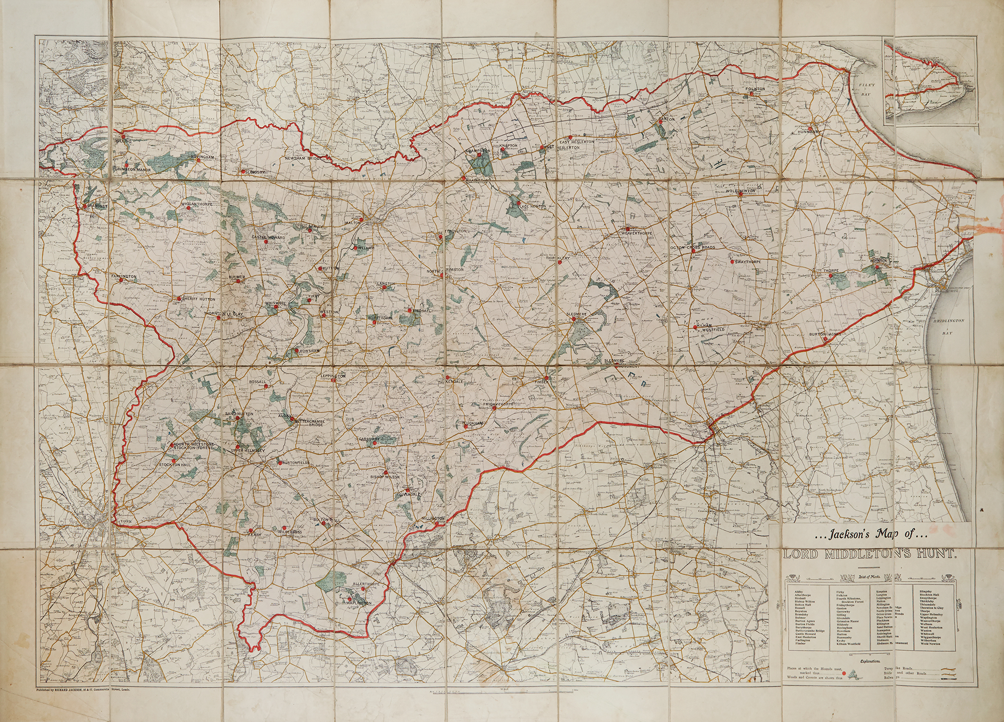 Lot image - [MAP - YORKSHIRE - FOX HUNTING] JACKSON, RICHARD. Jacksons Map of Lord Middletons Fox Hunt.