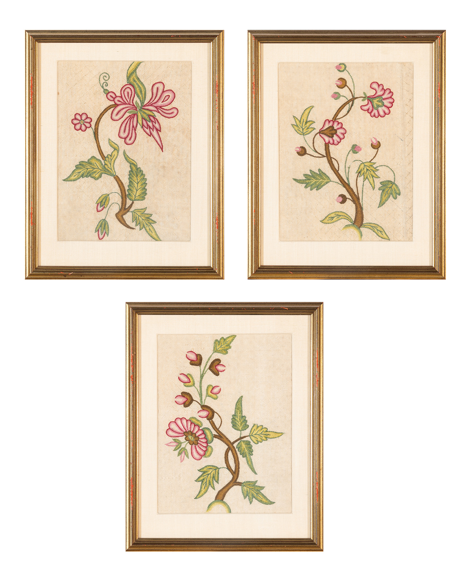 Lot image - Set of Three Framed Crewel Embroidered Panels