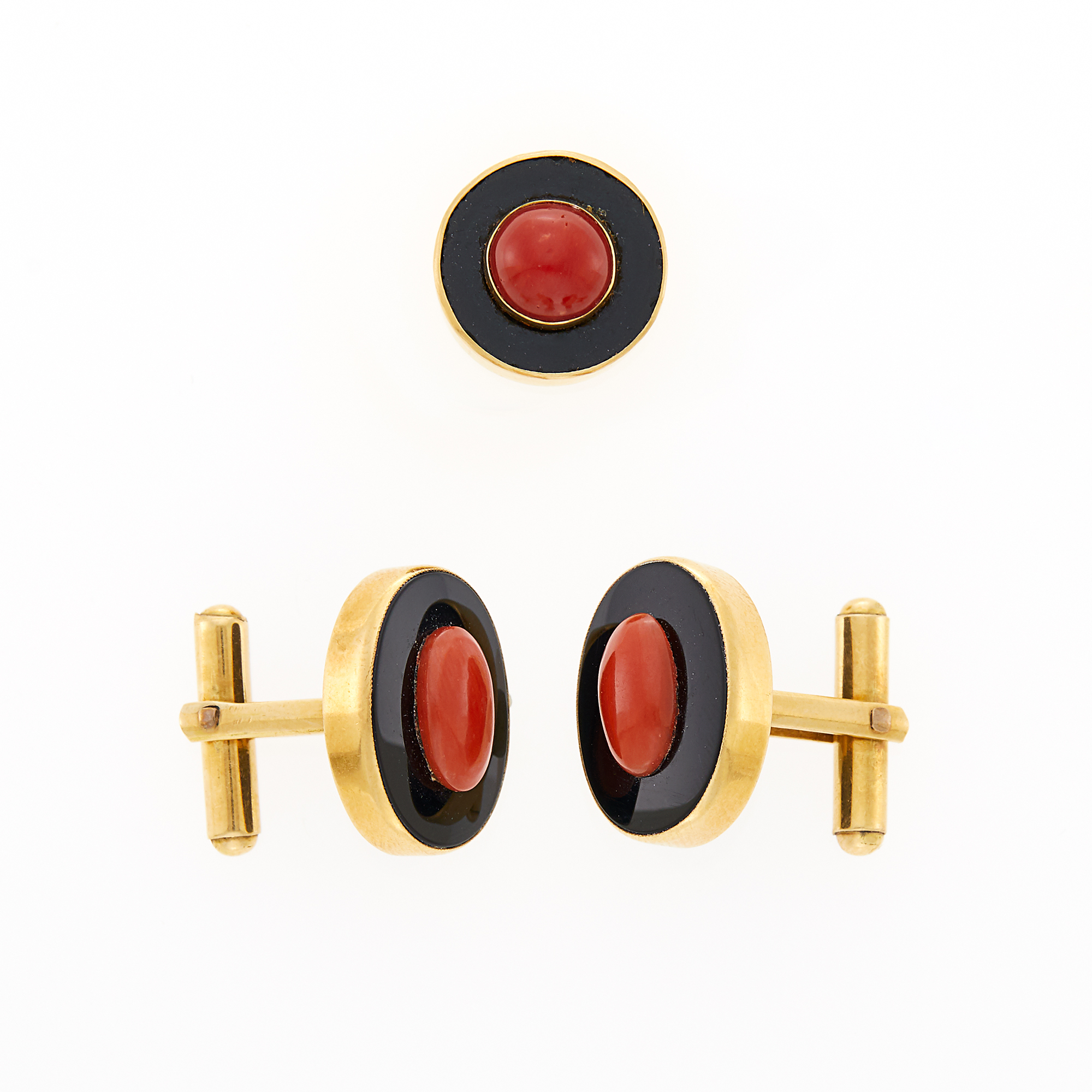 Lot image - Pair of Gold, Coral and Black Onyx Cufflinks and Tie Tack